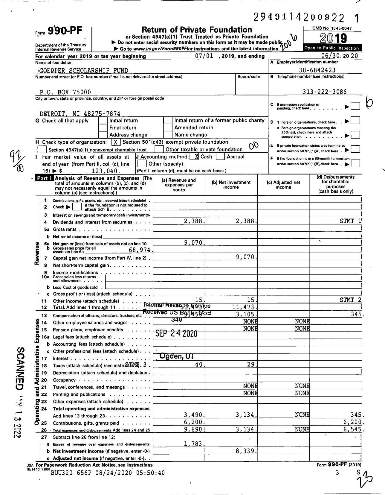 Image of first page of 2019 Form 990PF for John Elise and Ellen Goepper Scholarship Fund