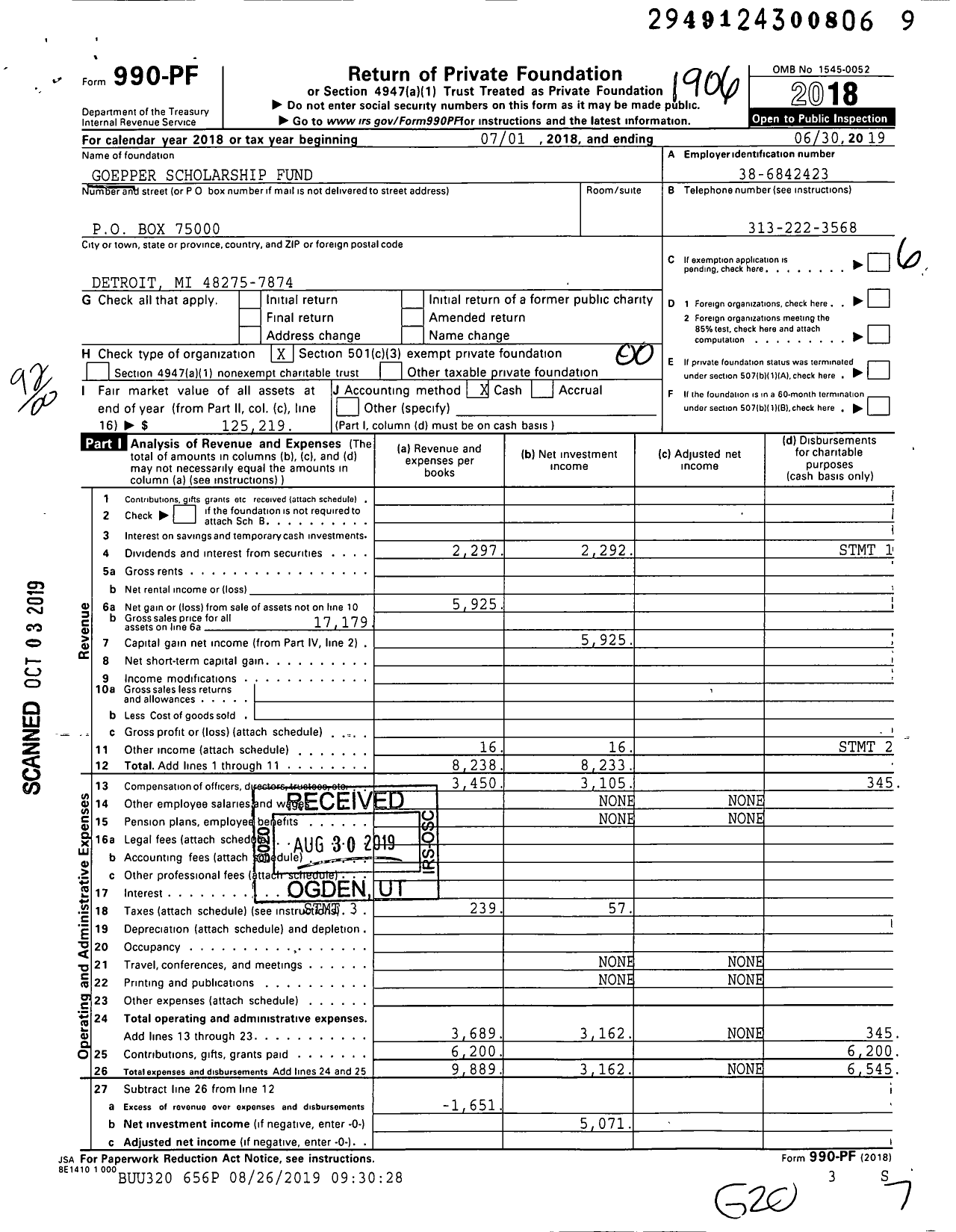 Image of first page of 2018 Form 990PF for John Elise and Ellen Goepper Scholarship Fund