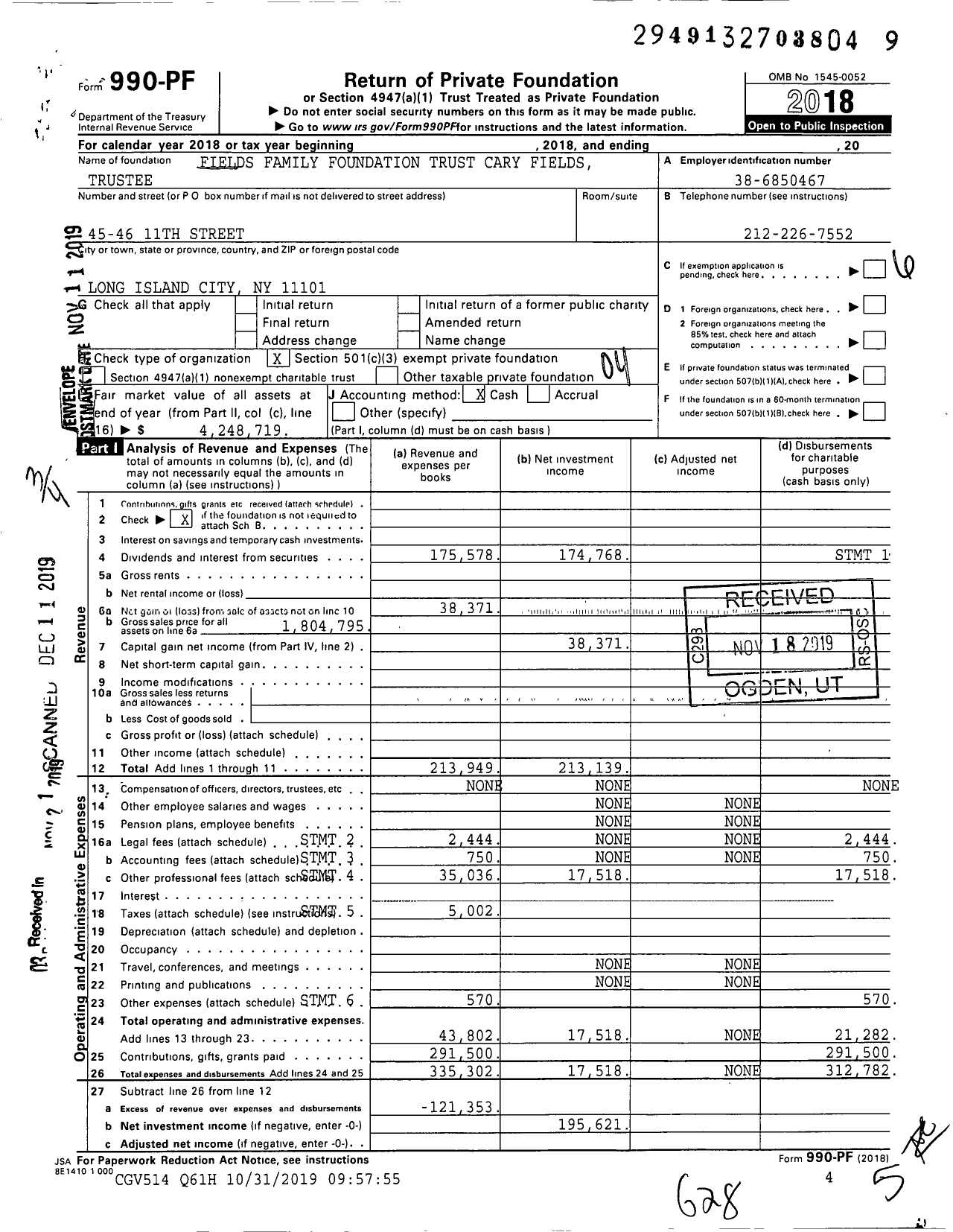 Image of first page of 2018 Form 990PF for Fields Family Foundation Trust Cary Fields