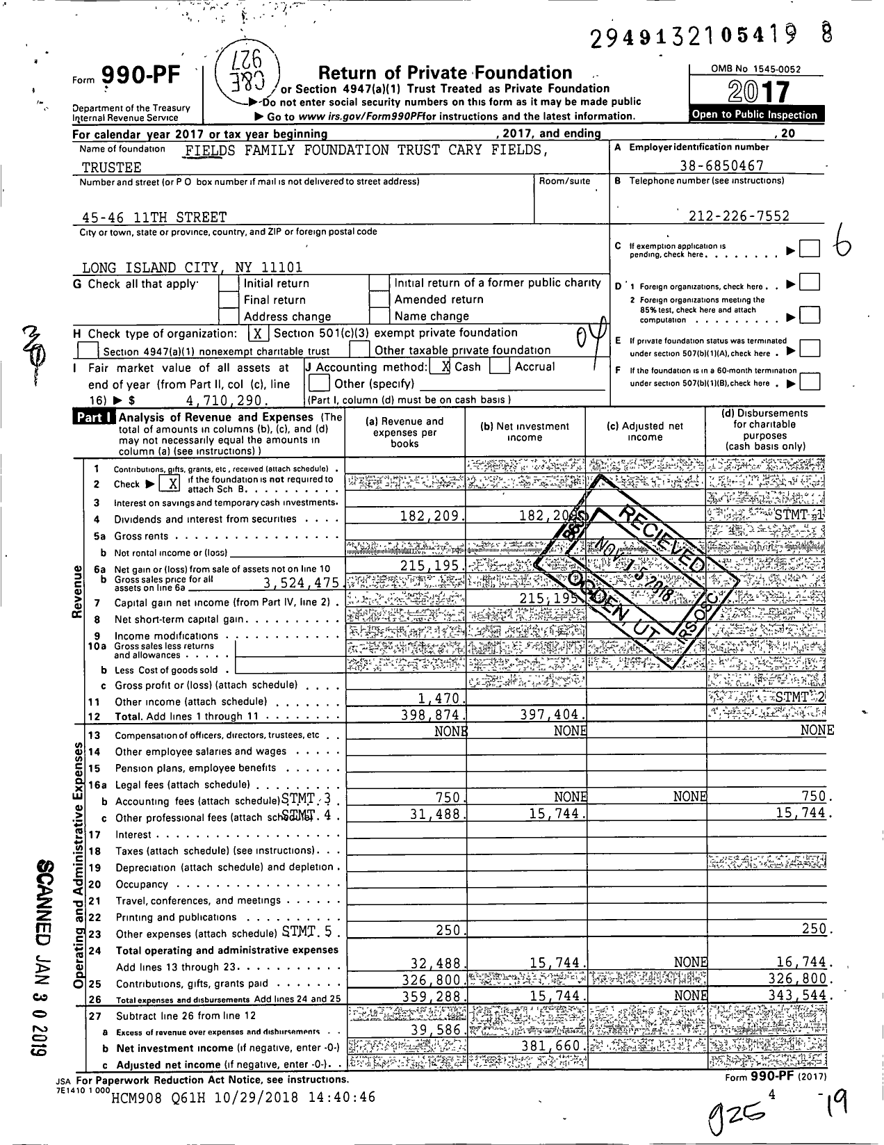 Image of first page of 2017 Form 990PF for Fields Family Foundation Trust Cary Fields