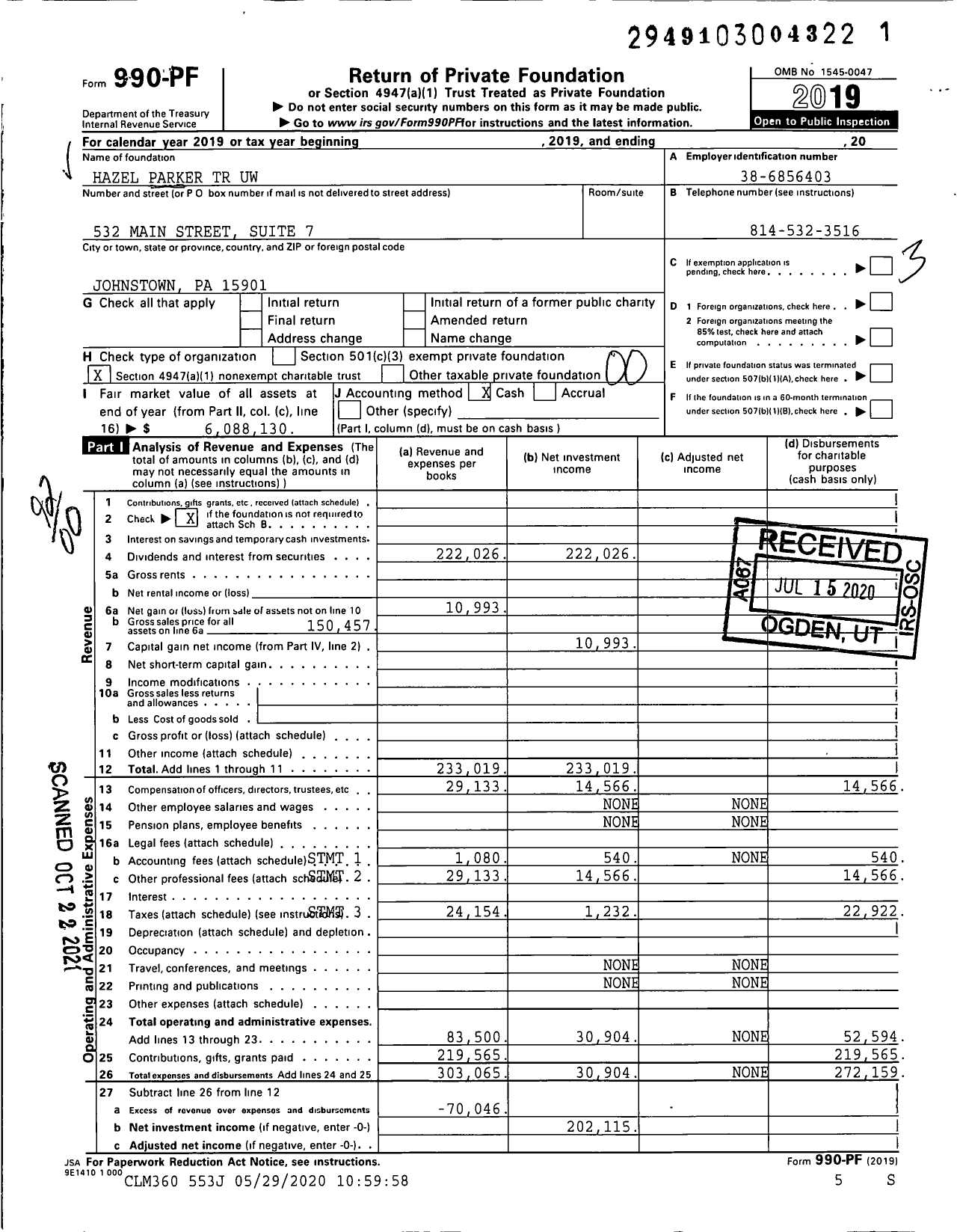 Image of first page of 2019 Form 990PF for Hazel Parker TR Uw