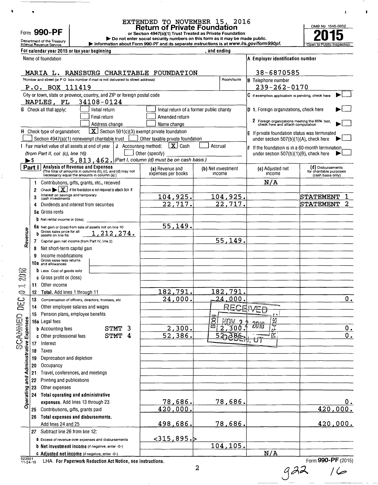 Image of first page of 2015 Form 990PF for Maria L Ransburg Charitable Foundation