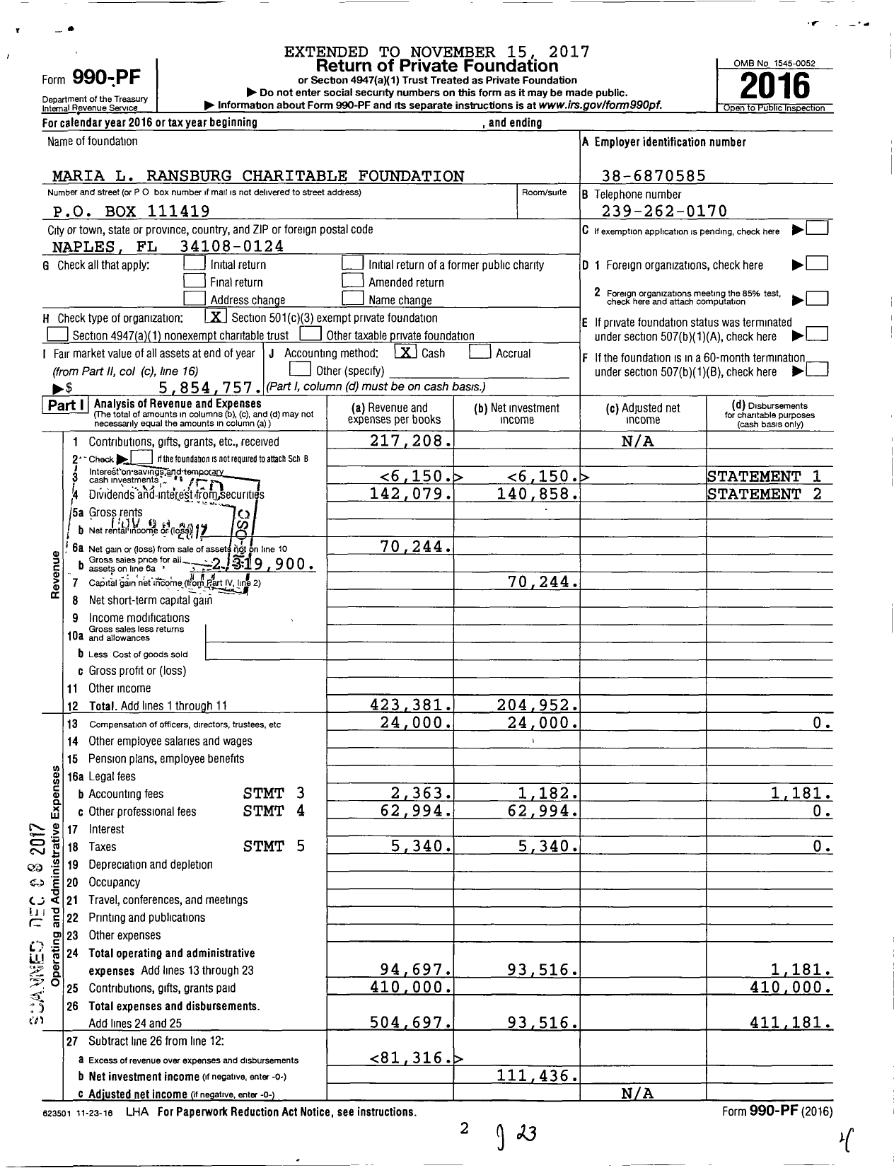 Image of first page of 2016 Form 990PF for Maria L Ransburg Charitable Foundation