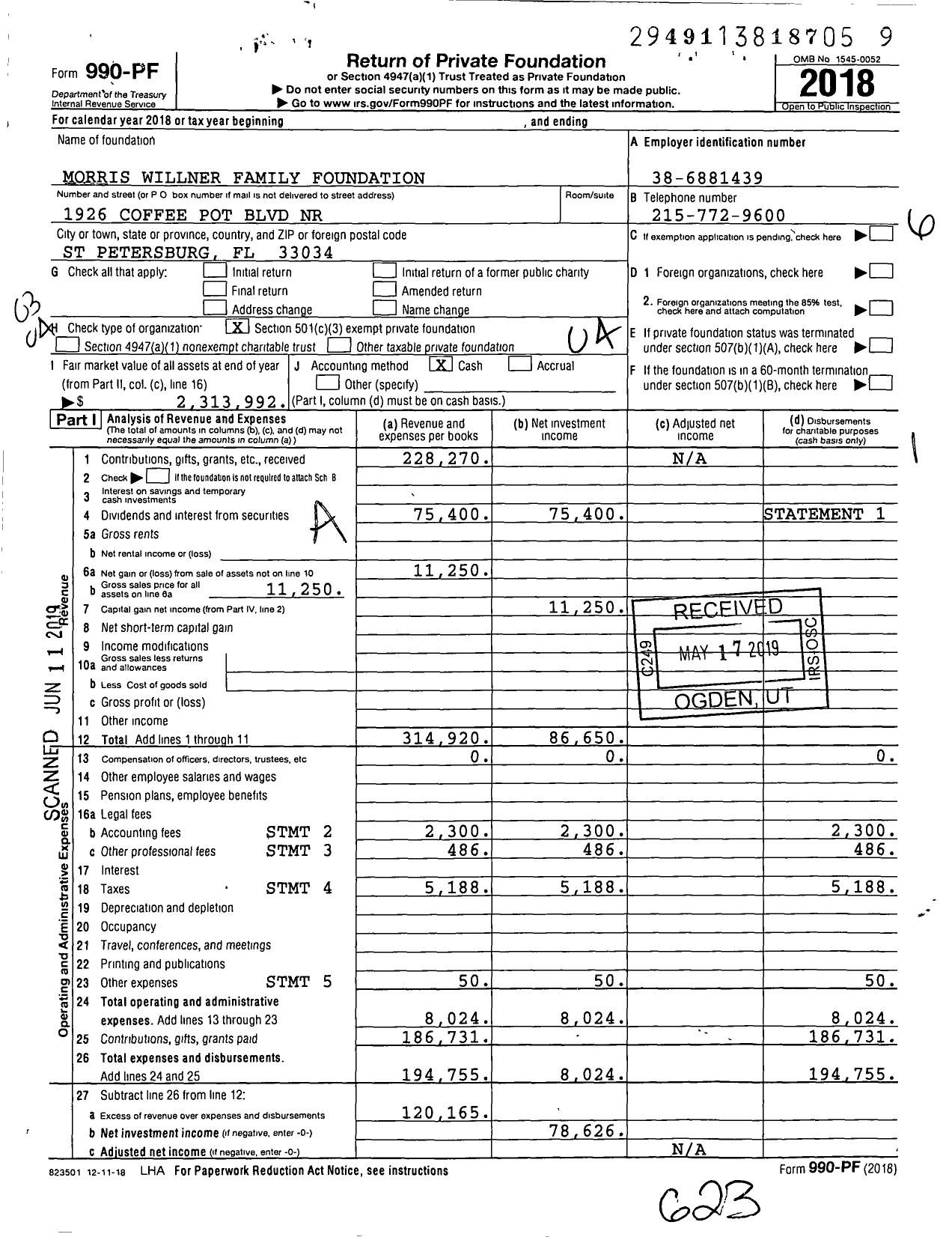 Image of first page of 2018 Form 990PF for Morris Willner Family Foundation