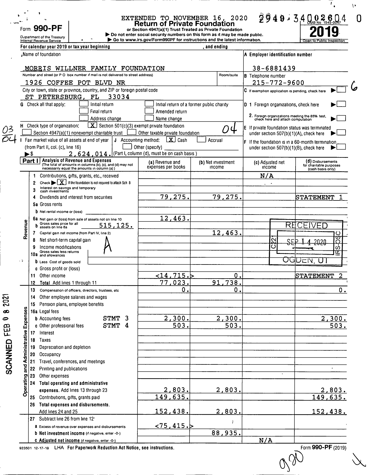 Image of first page of 2019 Form 990PF for Morris Willner Family Foundation