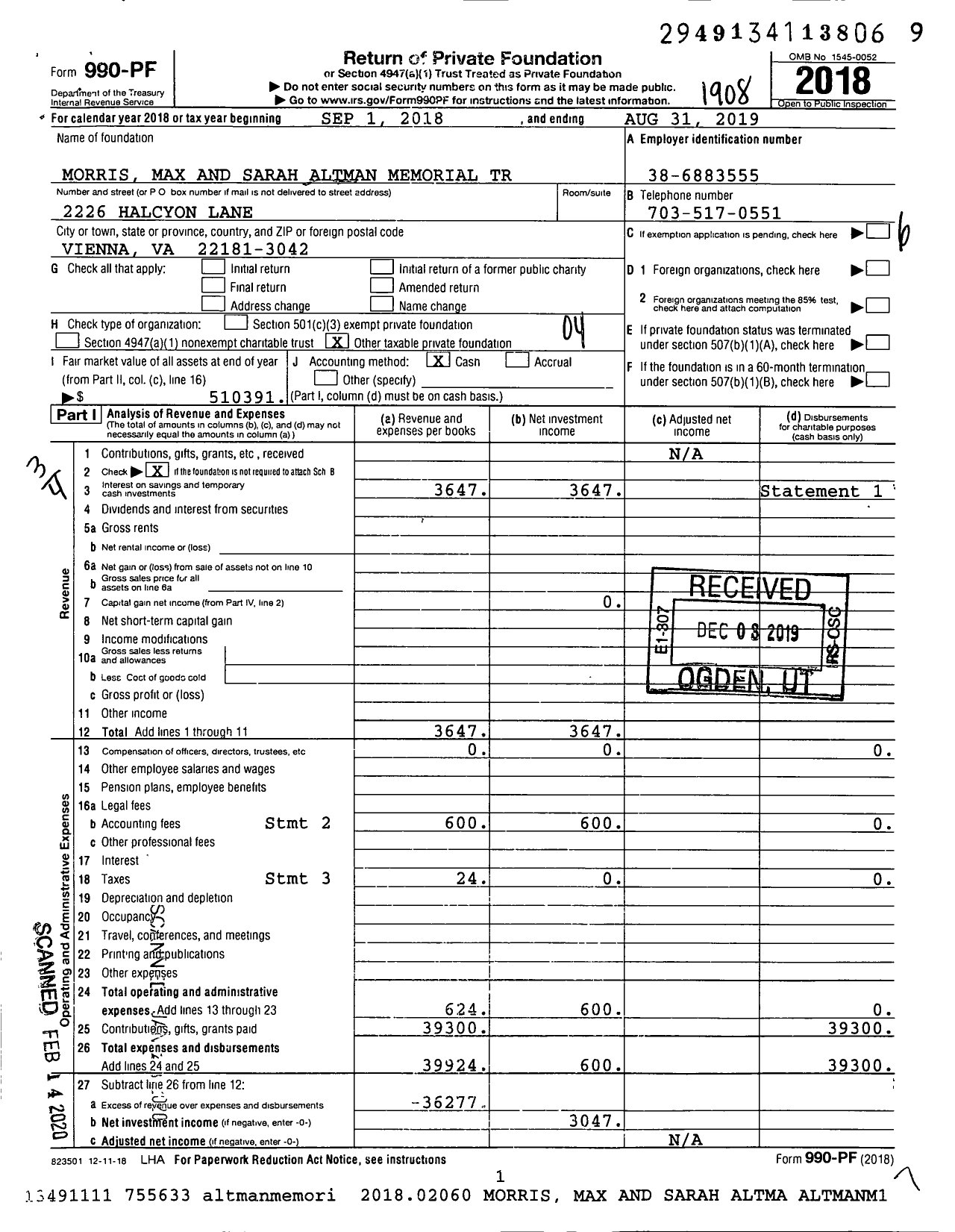 Image of first page of 2018 Form 990PF for Morris Max and Sarah Altman Memorial Trust