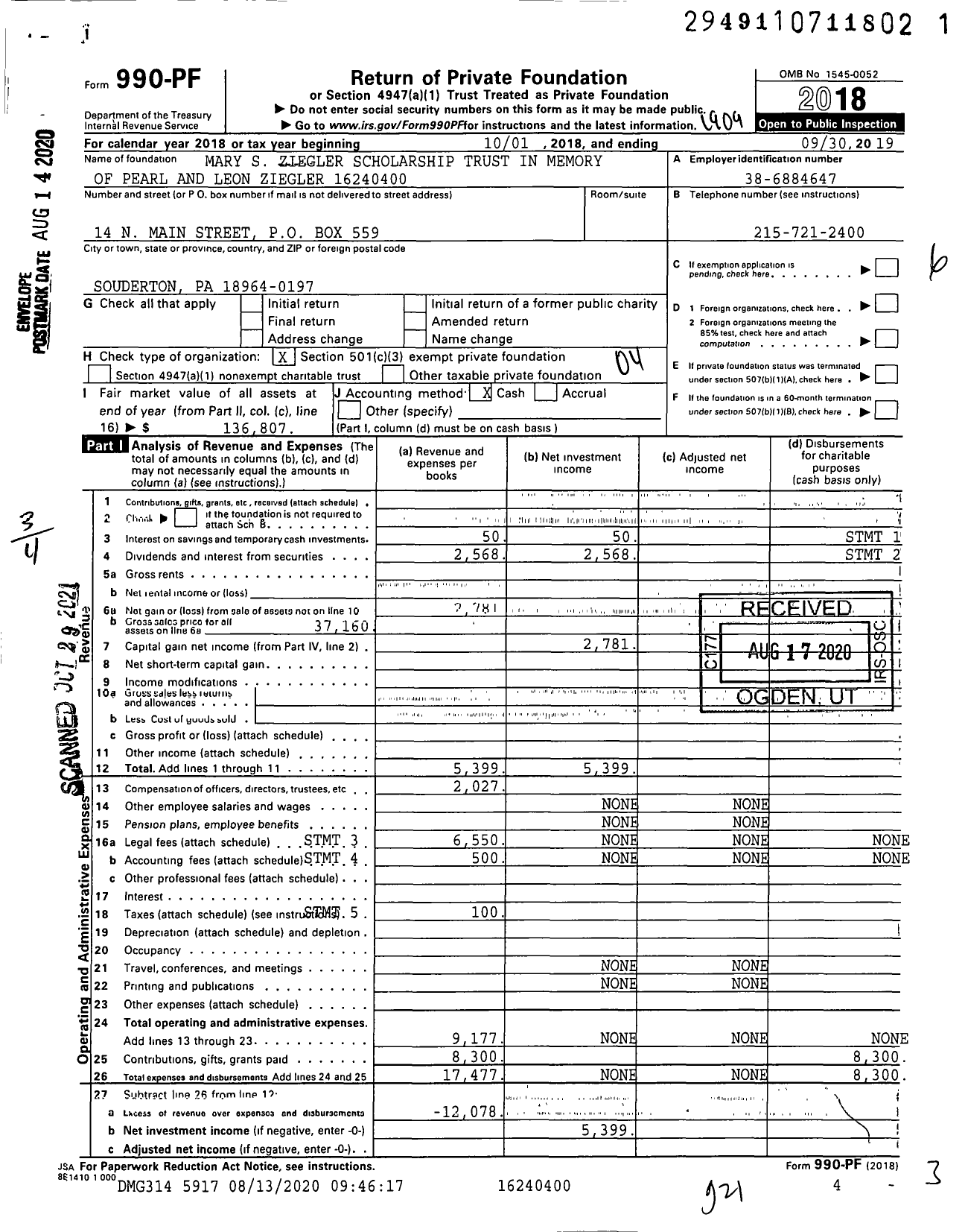 Image of first page of 2018 Form 990PF for Mary S Ziegler Scholarship Trust in Memory