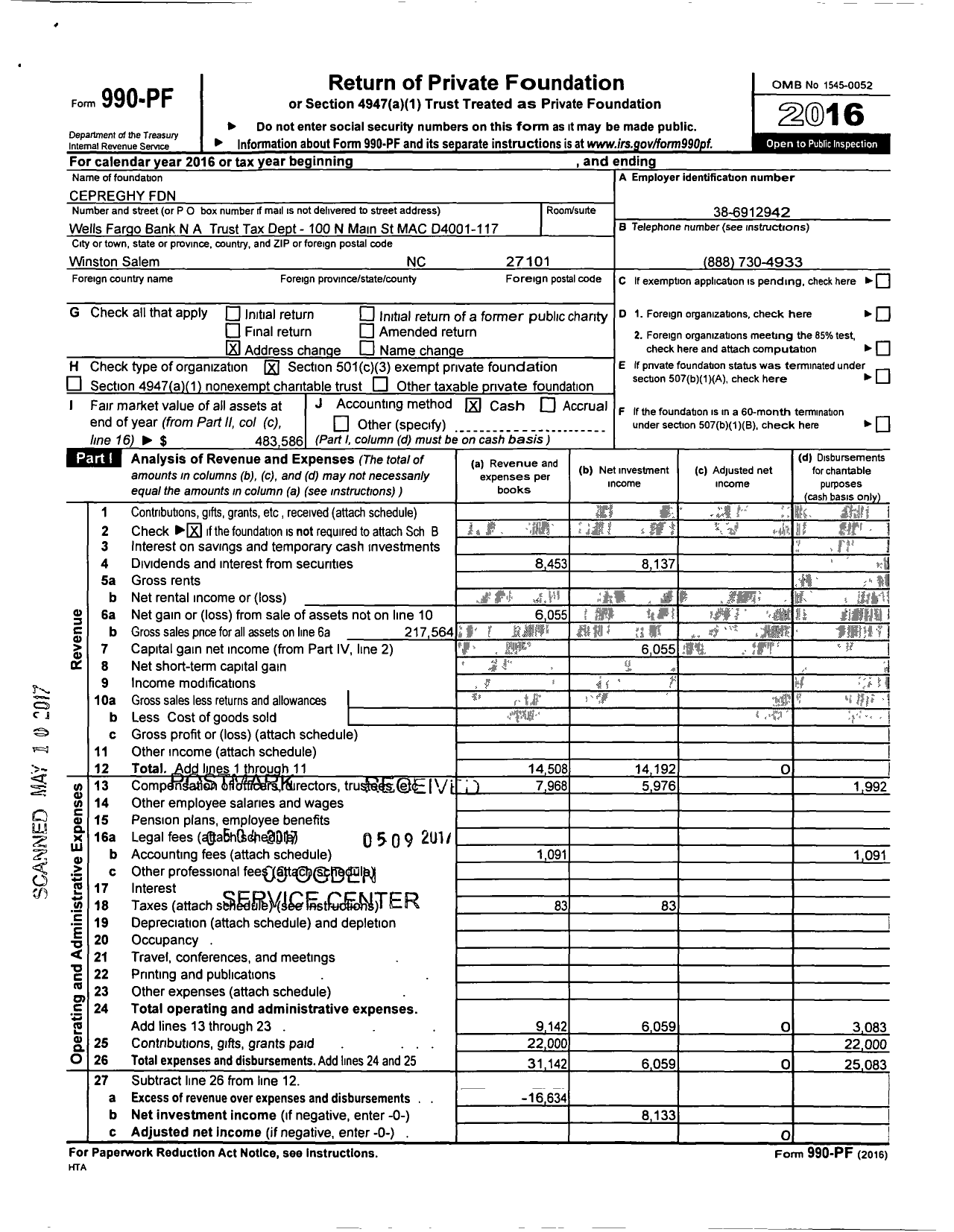Image of first page of 2016 Form 990PF for Cepreghy Foundation