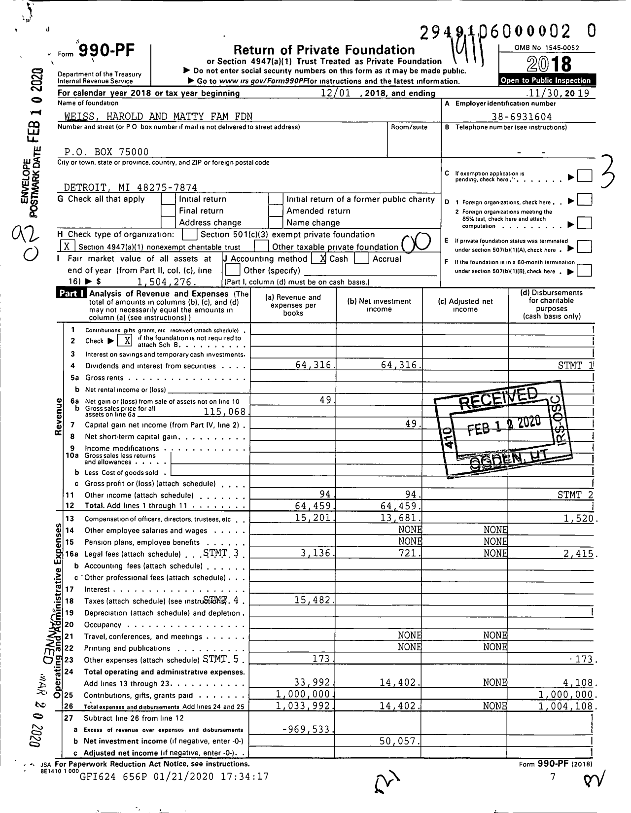 Image of first page of 2018 Form 990PR for Weiss Harold and Matty Family Foundation