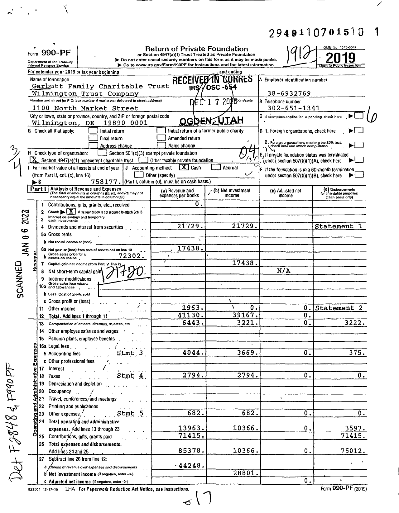 Image of first page of 2019 Form 990PF for Garbutt Family Charitable Trust 099427-000