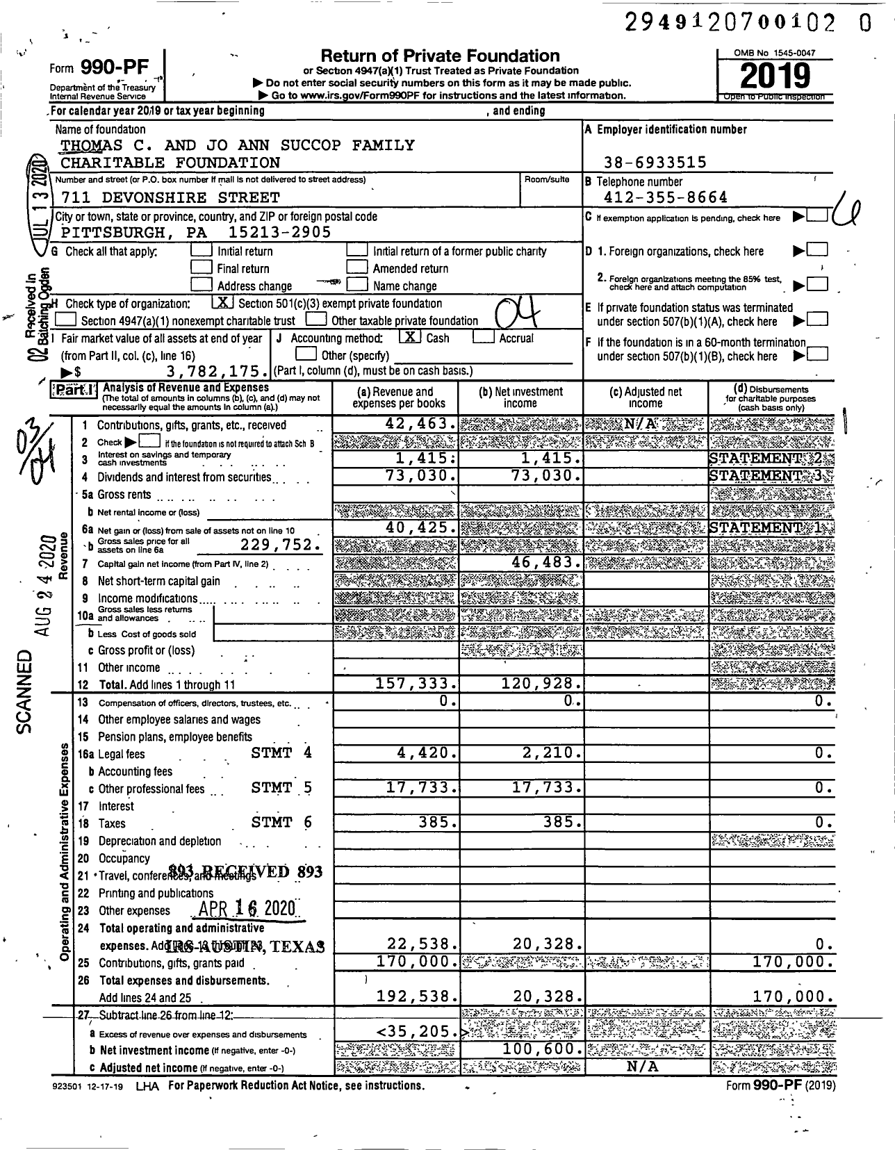 Image of first page of 2019 Form 990PR for Thomas C and Jo Ann Succop Family Charitable Foundation