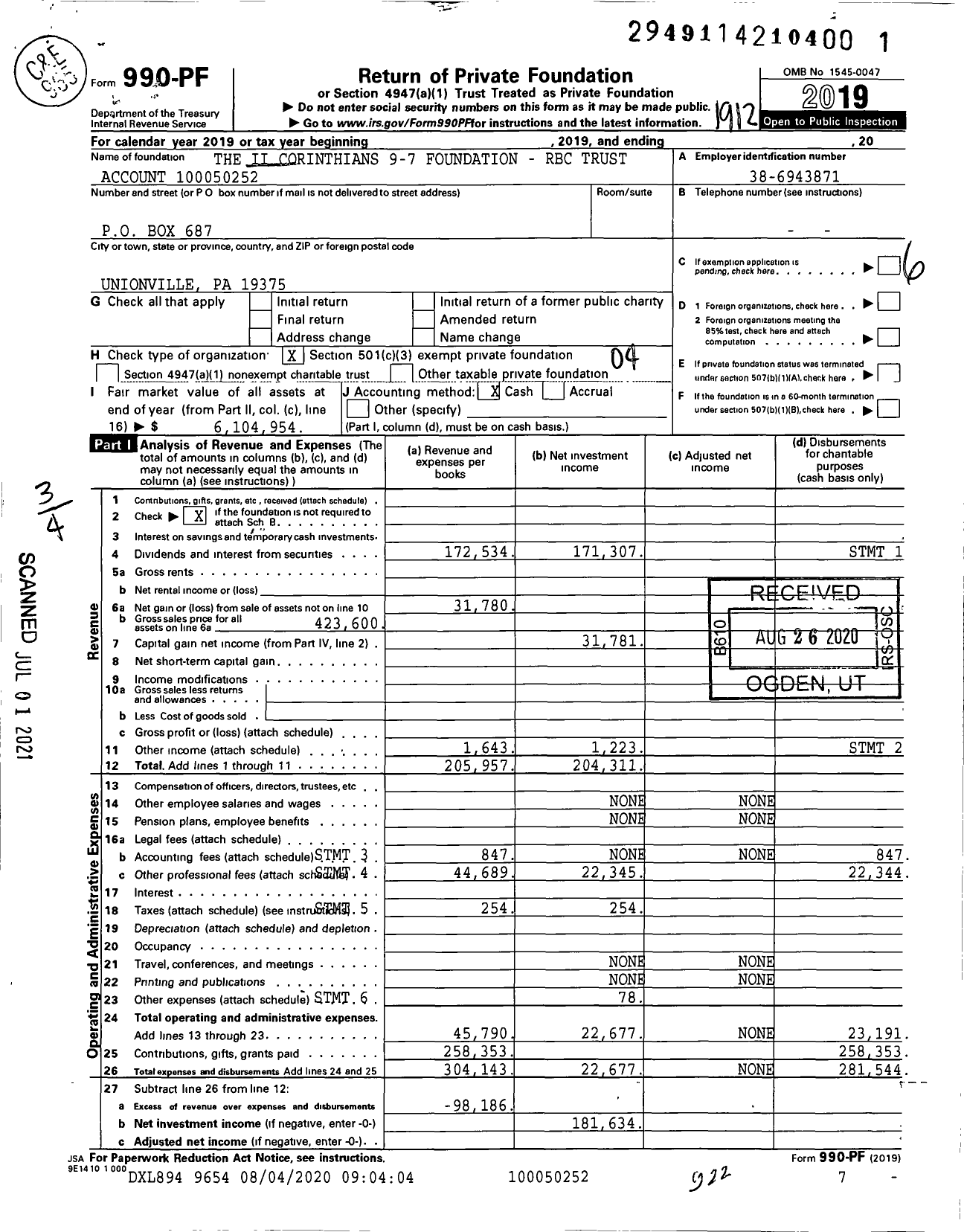 Image of first page of 2019 Form 990PF for The Ii Corinthians 9-7 Foundation - RBC Trust