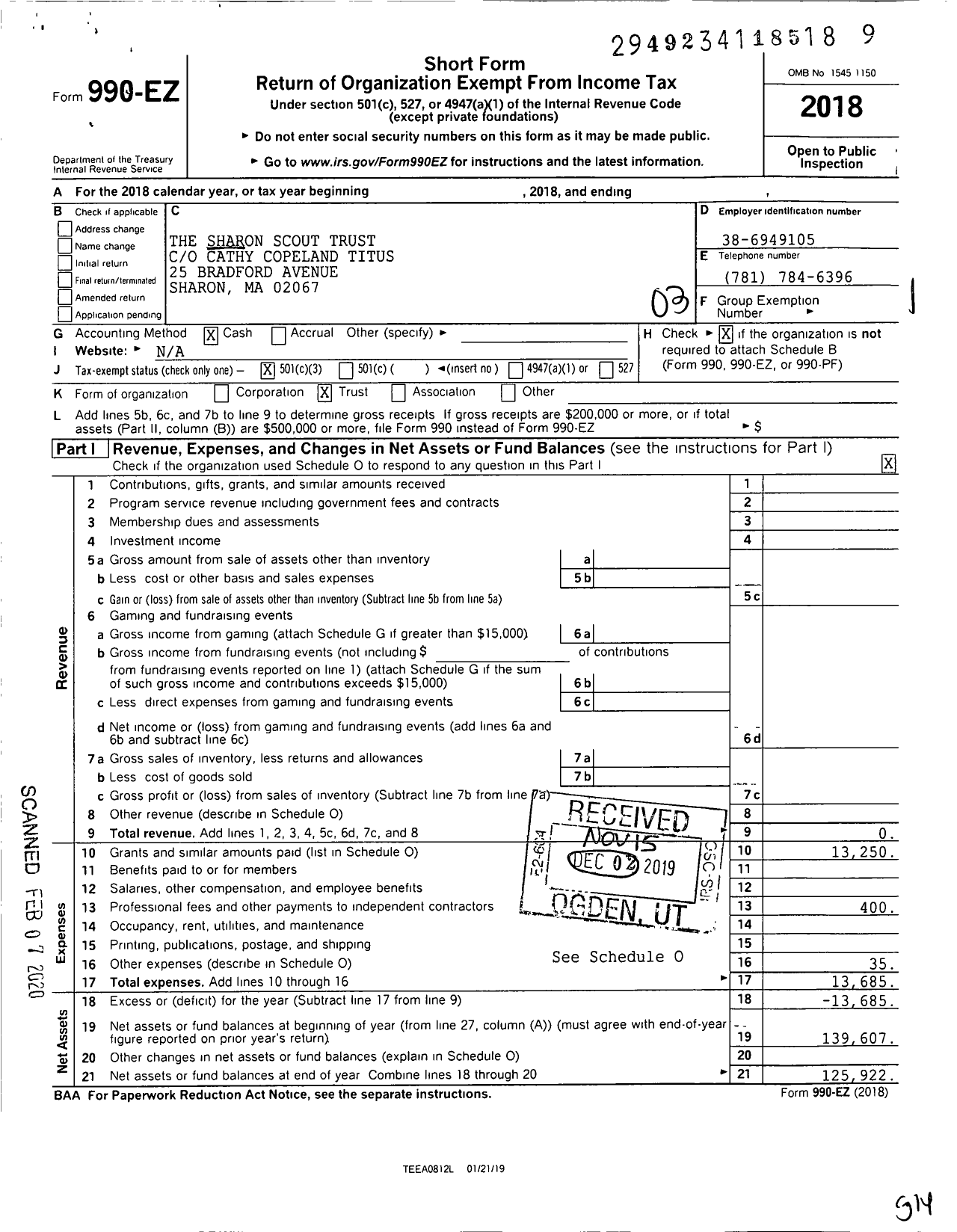 Image of first page of 2018 Form 990EZ for The Sharon Scout Trust