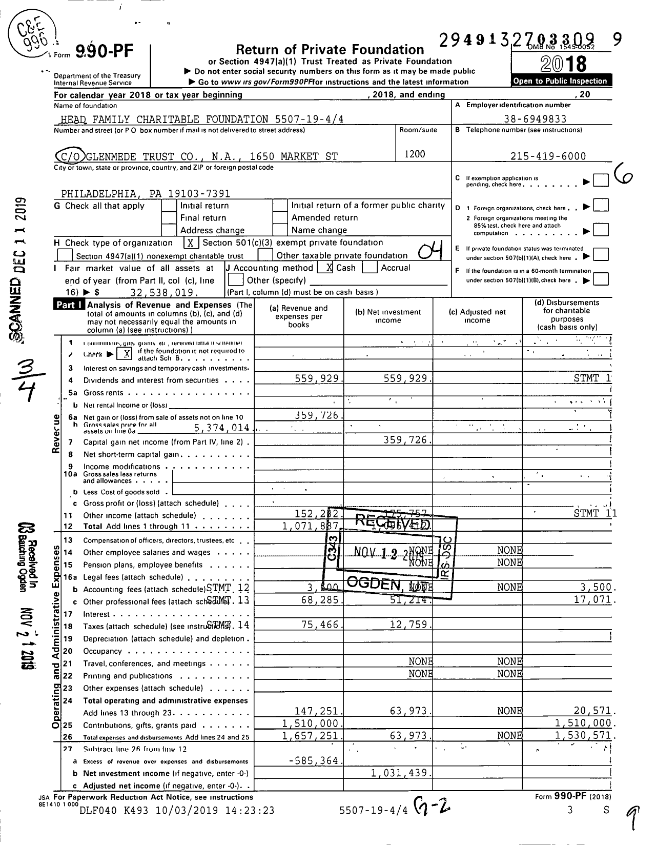 Image of first page of 2018 Form 990PF for Head Family Charitable Foundation 5507-19-44
