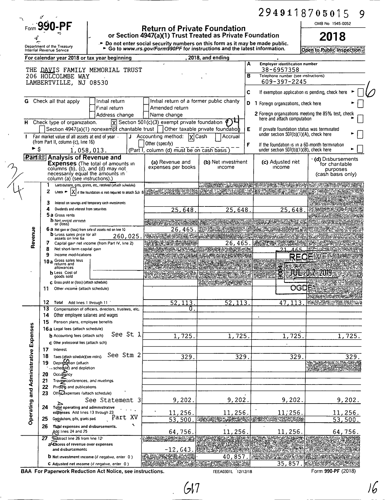 Image of first page of 2018 Form 990PF for The Davis Family Memorial Trust