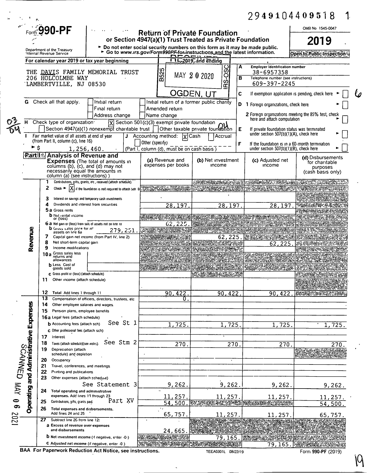 Image of first page of 2019 Form 990PF for The Davis Family Memorial Trust