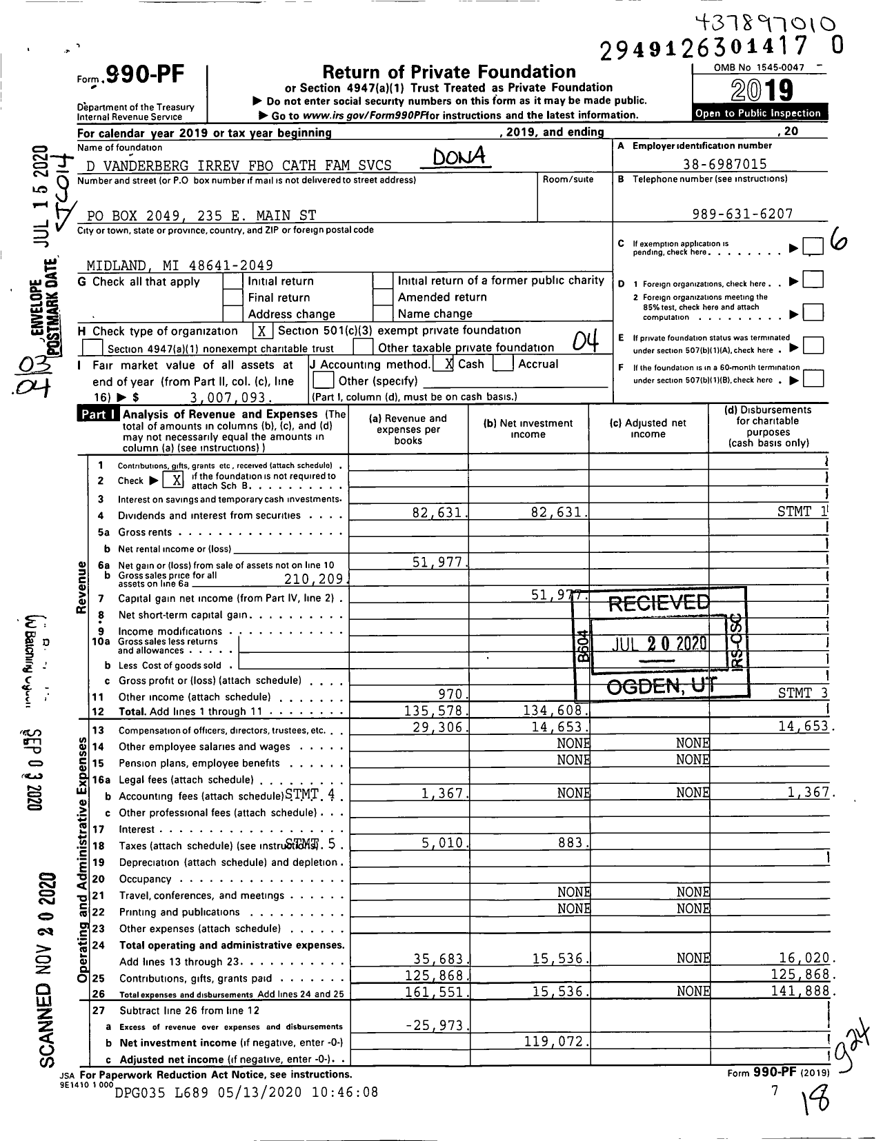 Image of first page of 2019 Form 990PF for D Vanderberg Irrev Fbo Cath Family SVCS