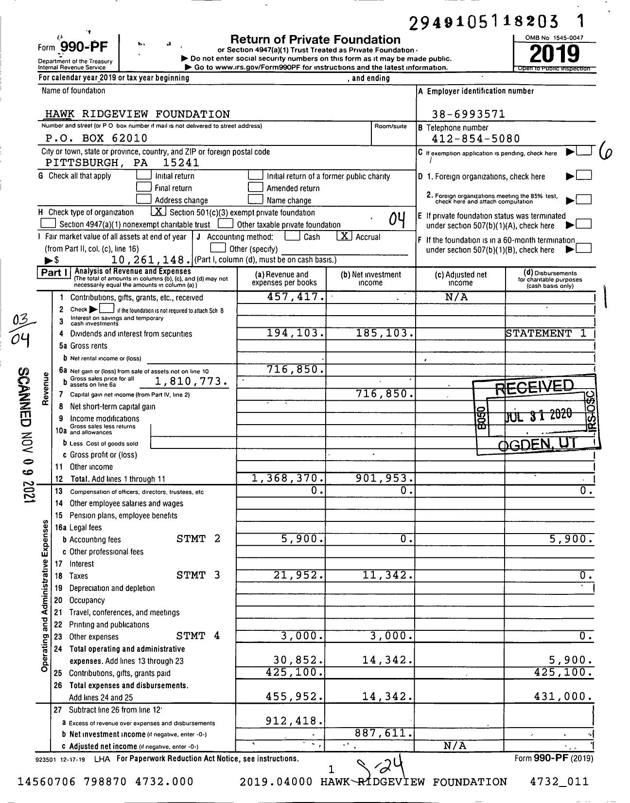 Image of first page of 2019 Form 990PF for Hawk Ridgeview Foundation