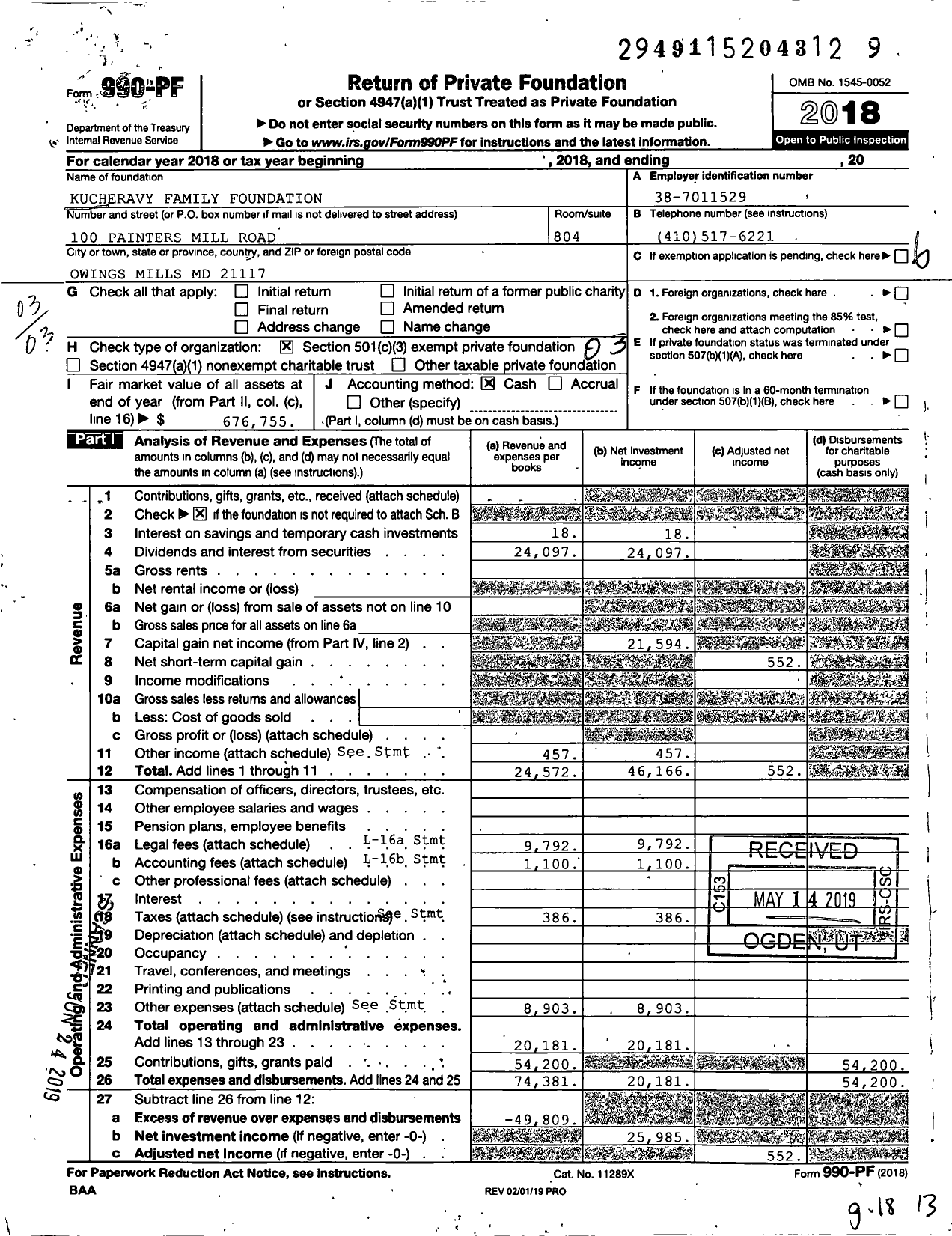 Image of first page of 2018 Form 990PF for Kucheravy Family Foundation