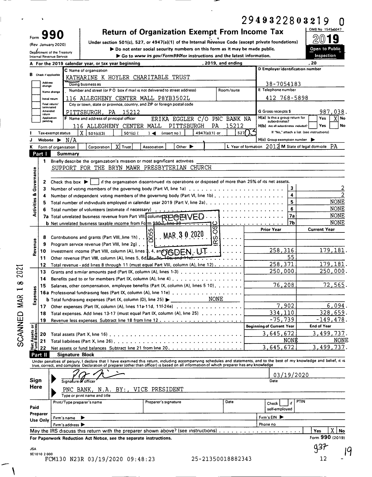 Image of first page of 2019 Form 990 for Katharine K Hoyler Charitable Trust