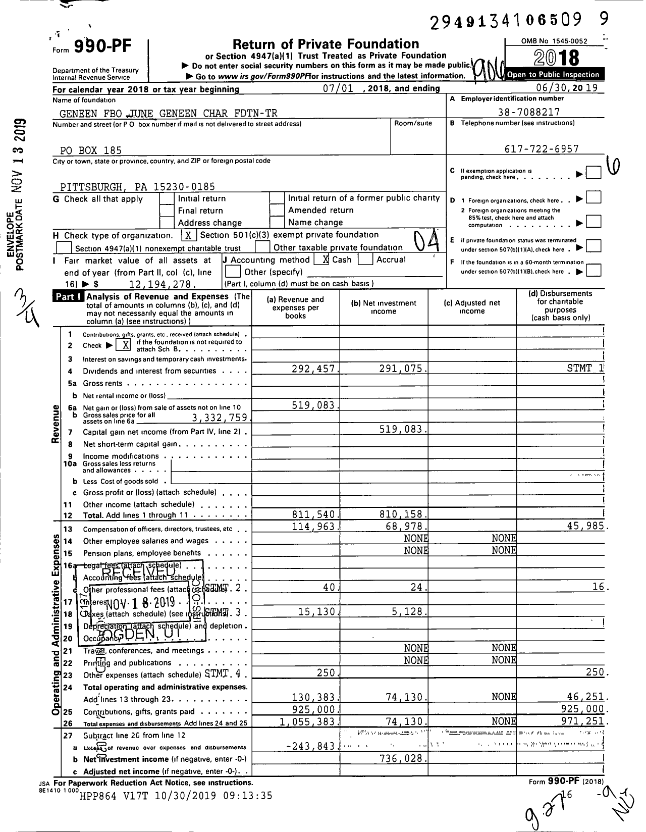 Image of first page of 2018 Form 990PF for Geneen Fbo June Geneen Char FDTN-TR