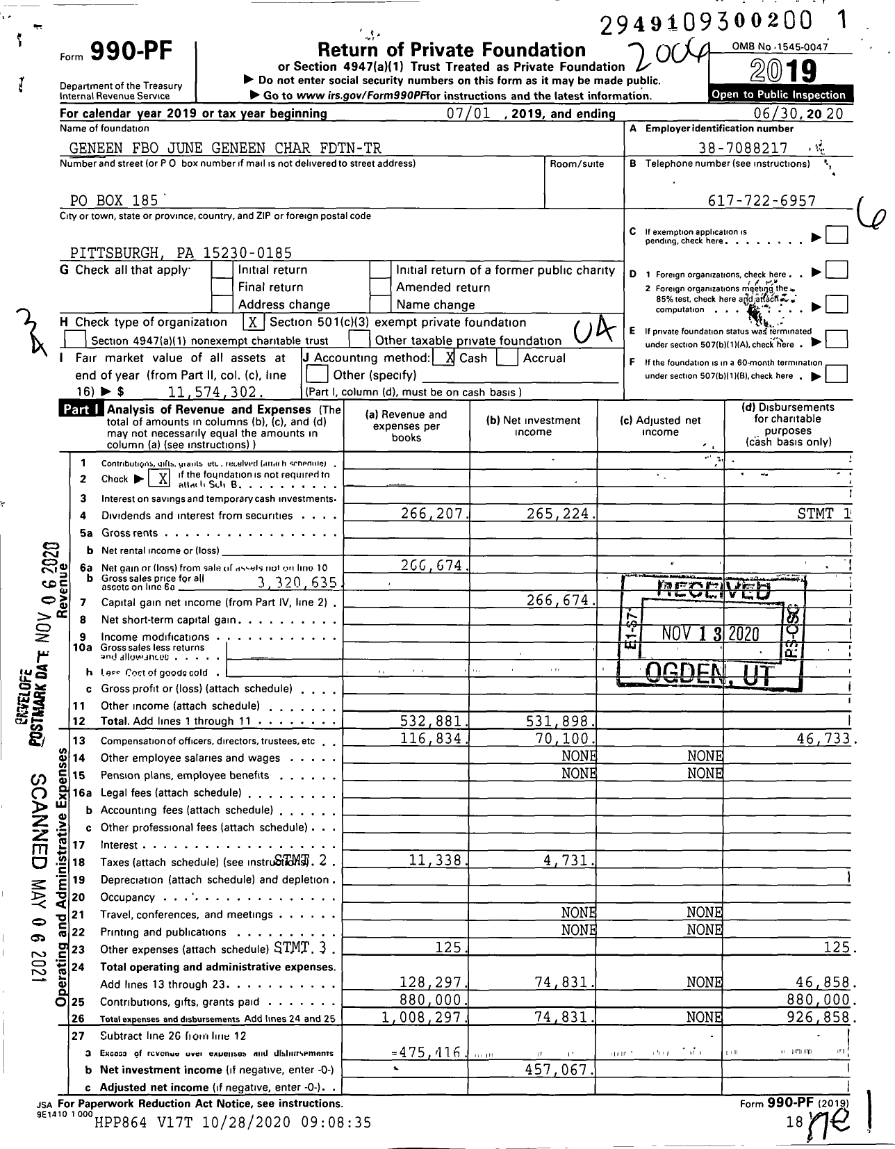 Image of first page of 2019 Form 990PF for Geneen Fbo June Geneen Char FDTN-TR