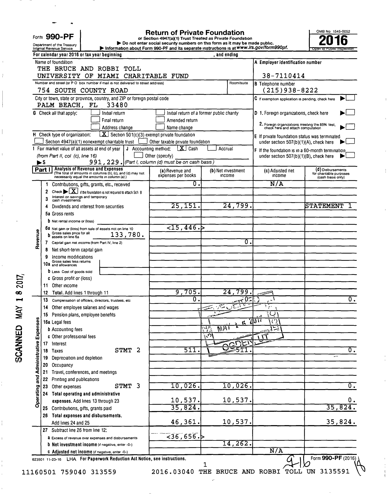 Image of first page of 2016 Form 990PF for The Bruce and Robbi Toll University of Miami Charitable Fund