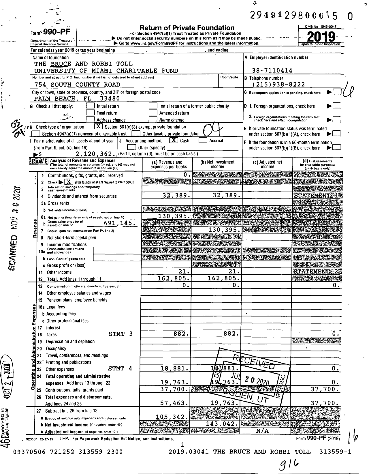 Image of first page of 2019 Form 990PF for The Bruce and Robbi Toll University of Miami Charitable Fund