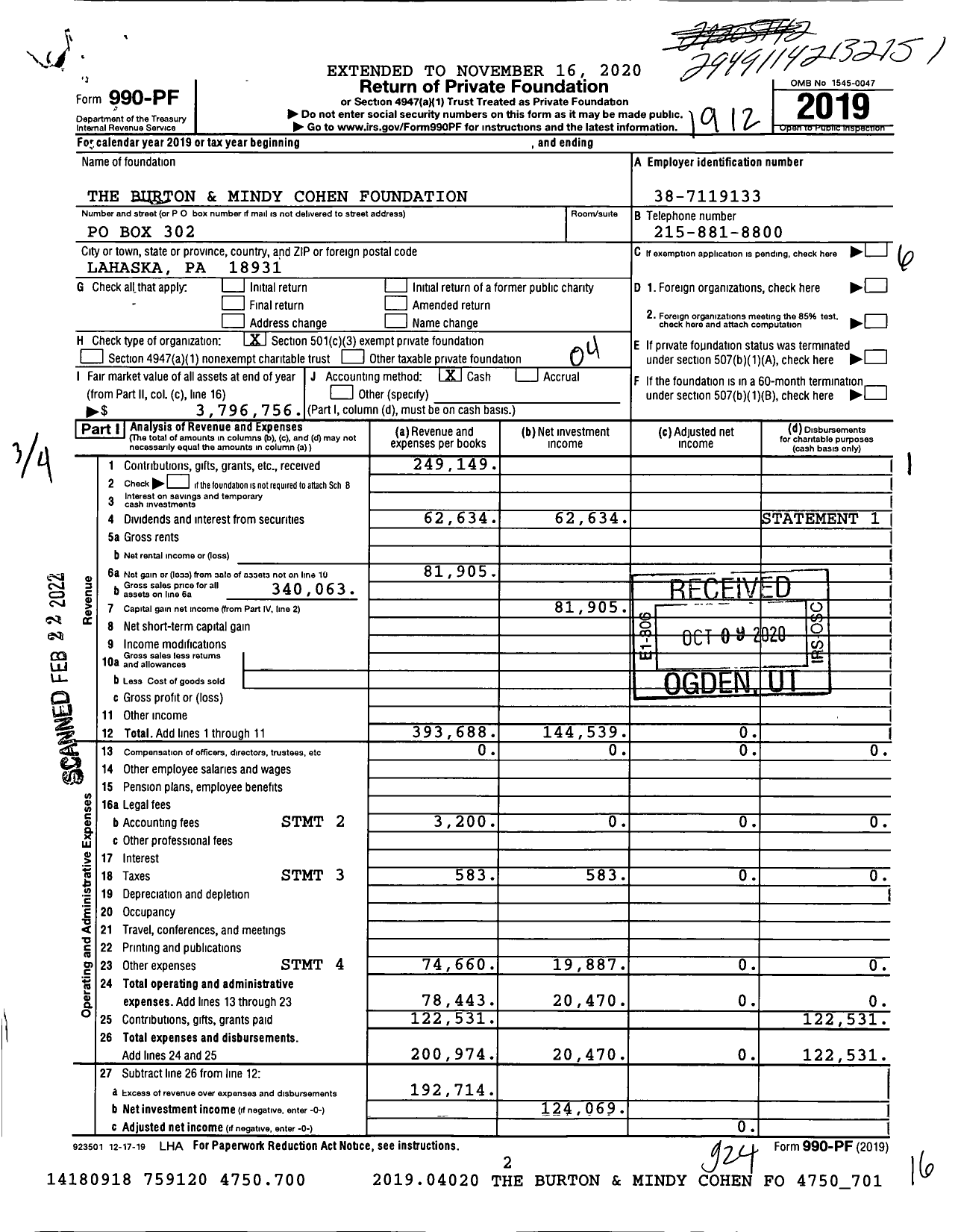 Image of first page of 2019 Form 990PF for The Burton and Mindy Cohen Foundation