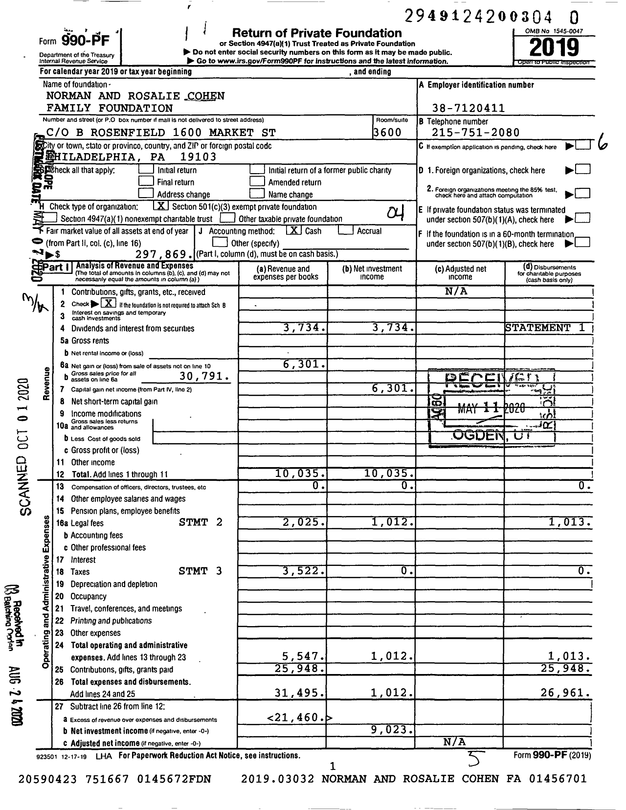 Image of first page of 2019 Form 990PR for Norman and Rosalie Cohen Family Foundation