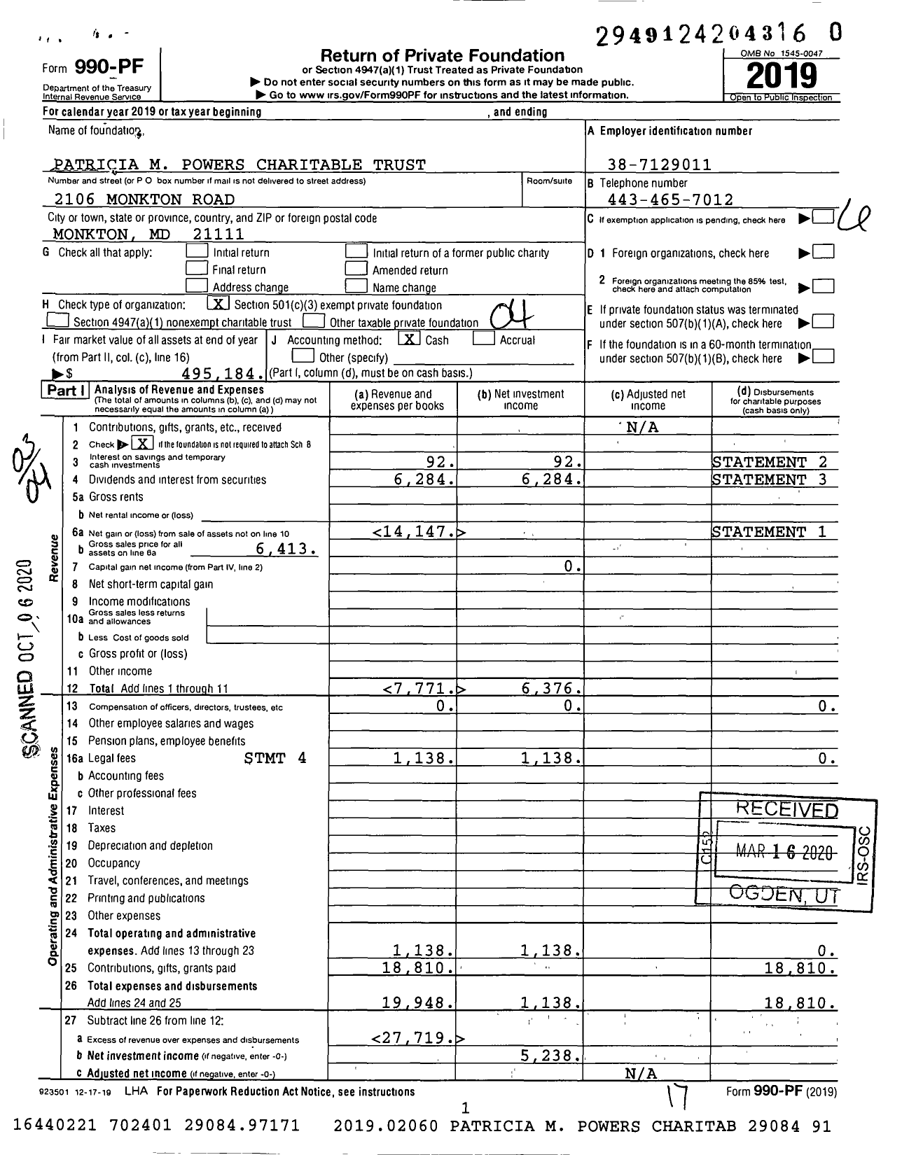 Image of first page of 2019 Form 990PR for Patricia M Powers Charitable Trust