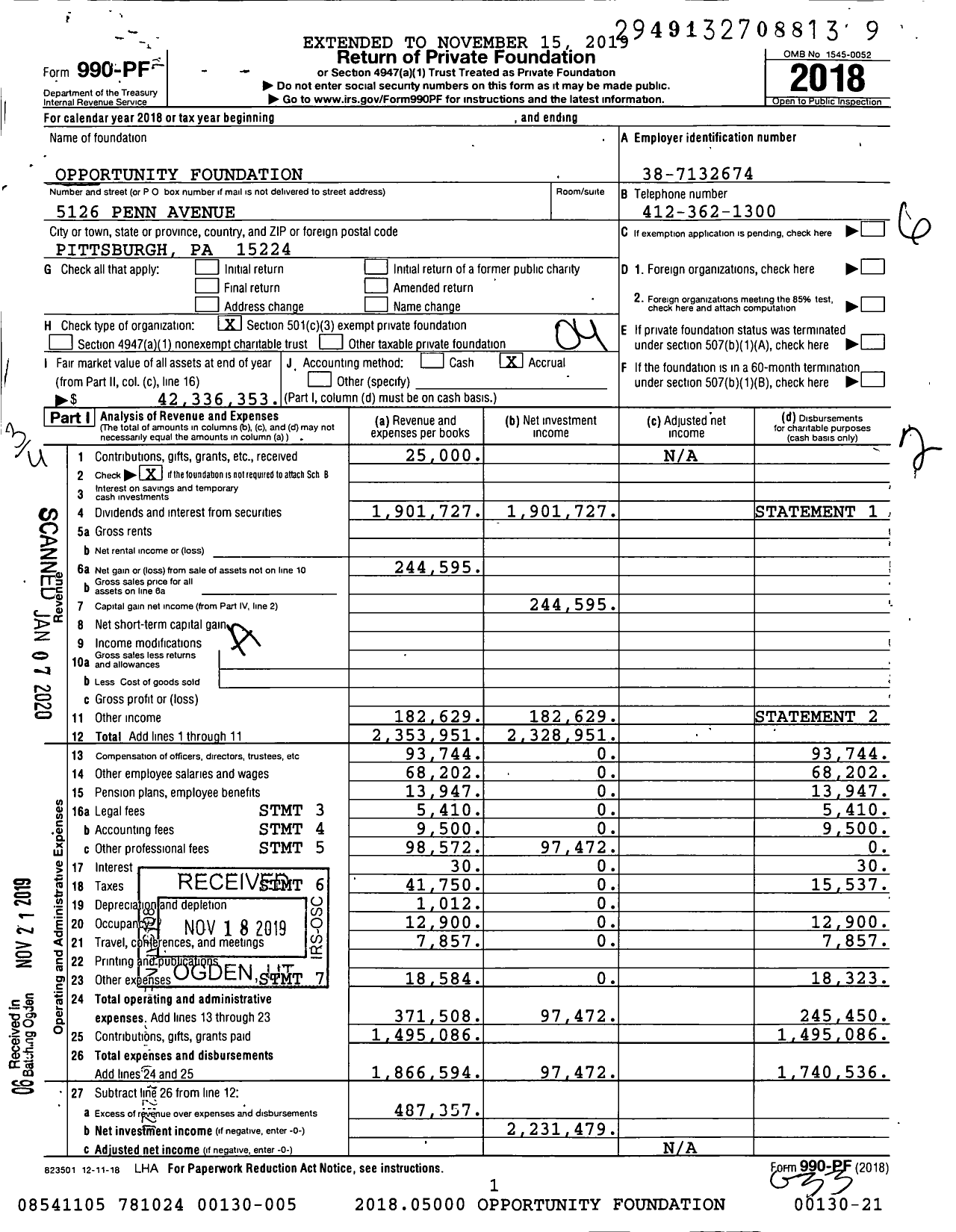 Image of first page of 2018 Form 990PF for Opportunity Foundation / James K Goldberg Ttee