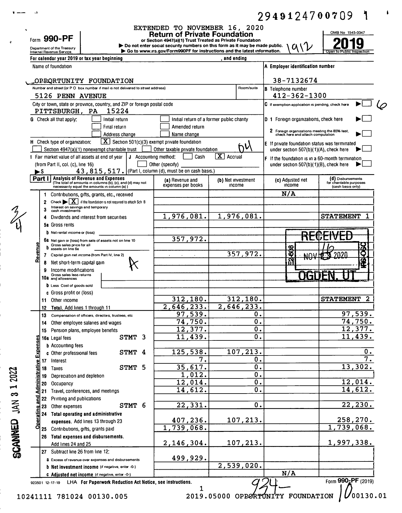 Image of first page of 2019 Form 990PF for Opportunity Foundation / James K Goldberg Ttee