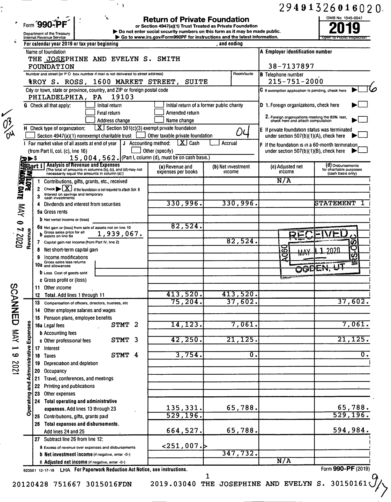 Image of first page of 2019 Form 990PF for The Josephine and Evelyn S Smith Foundation