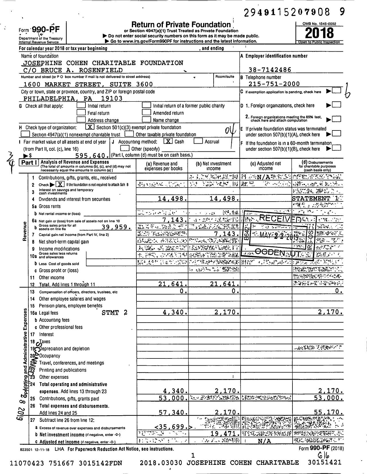 Image of first page of 2018 Form 990PF for Josephine Cohen Charitable Foundation