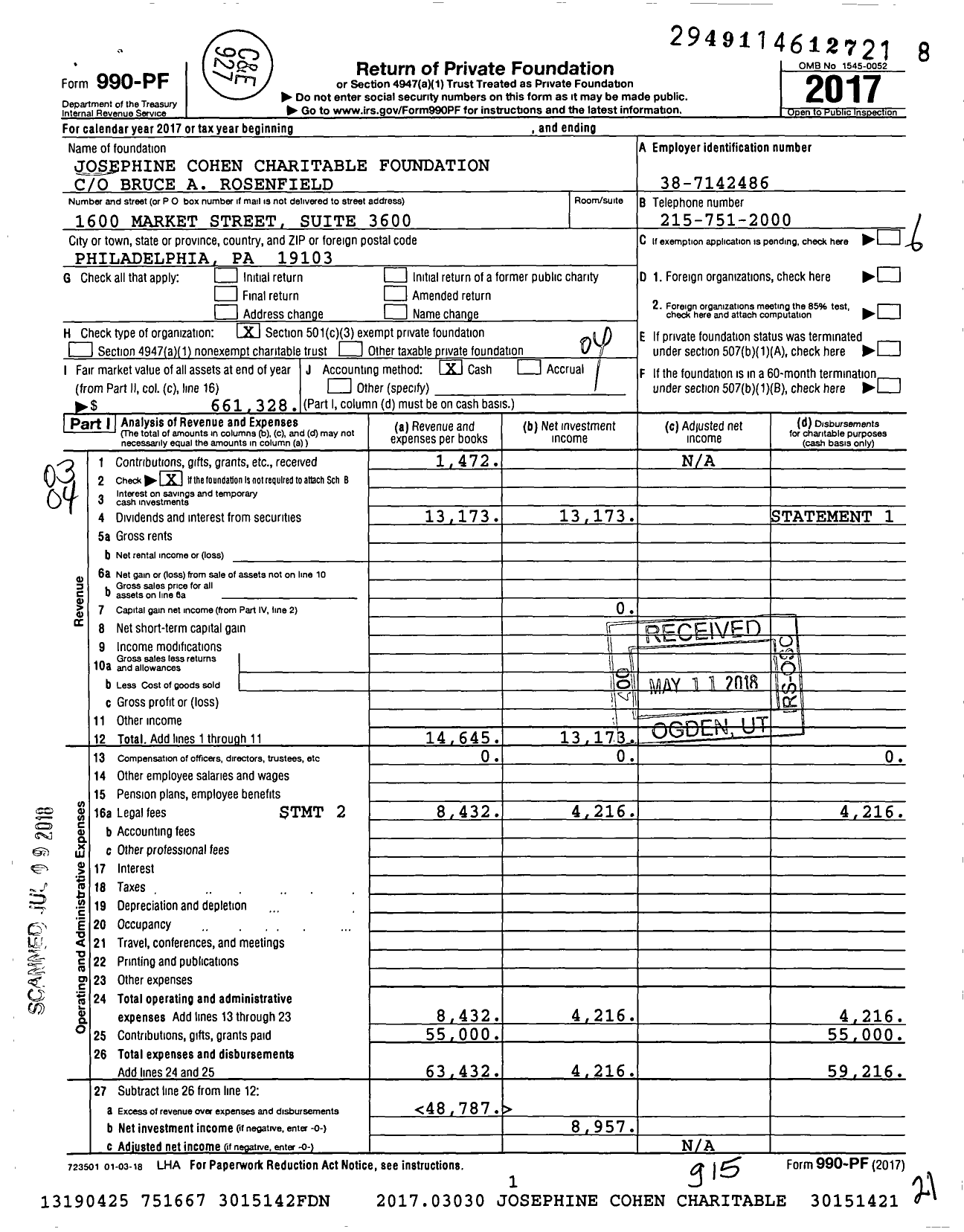 Image of first page of 2017 Form 990PF for Josephine Cohen Charitable Foundation