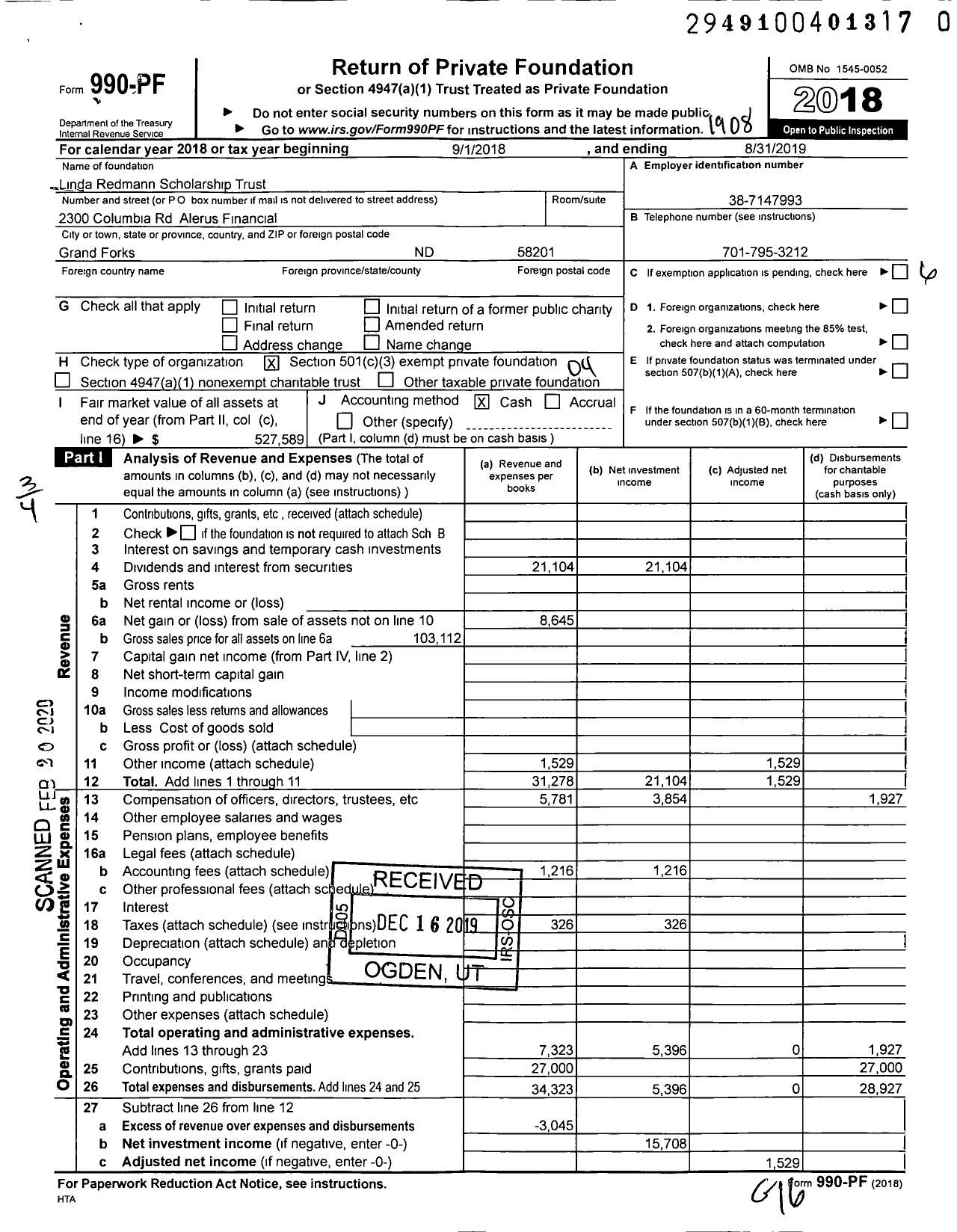 Image of first page of 2018 Form 990PF for Linda Redmann Scholarship Trust 1020000264