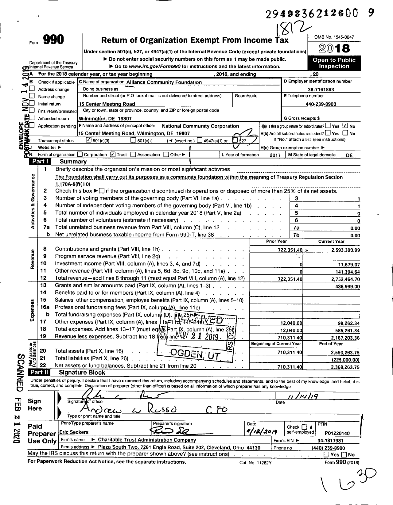 Image of first page of 2018 Form 990 for Alliance Community Foundation