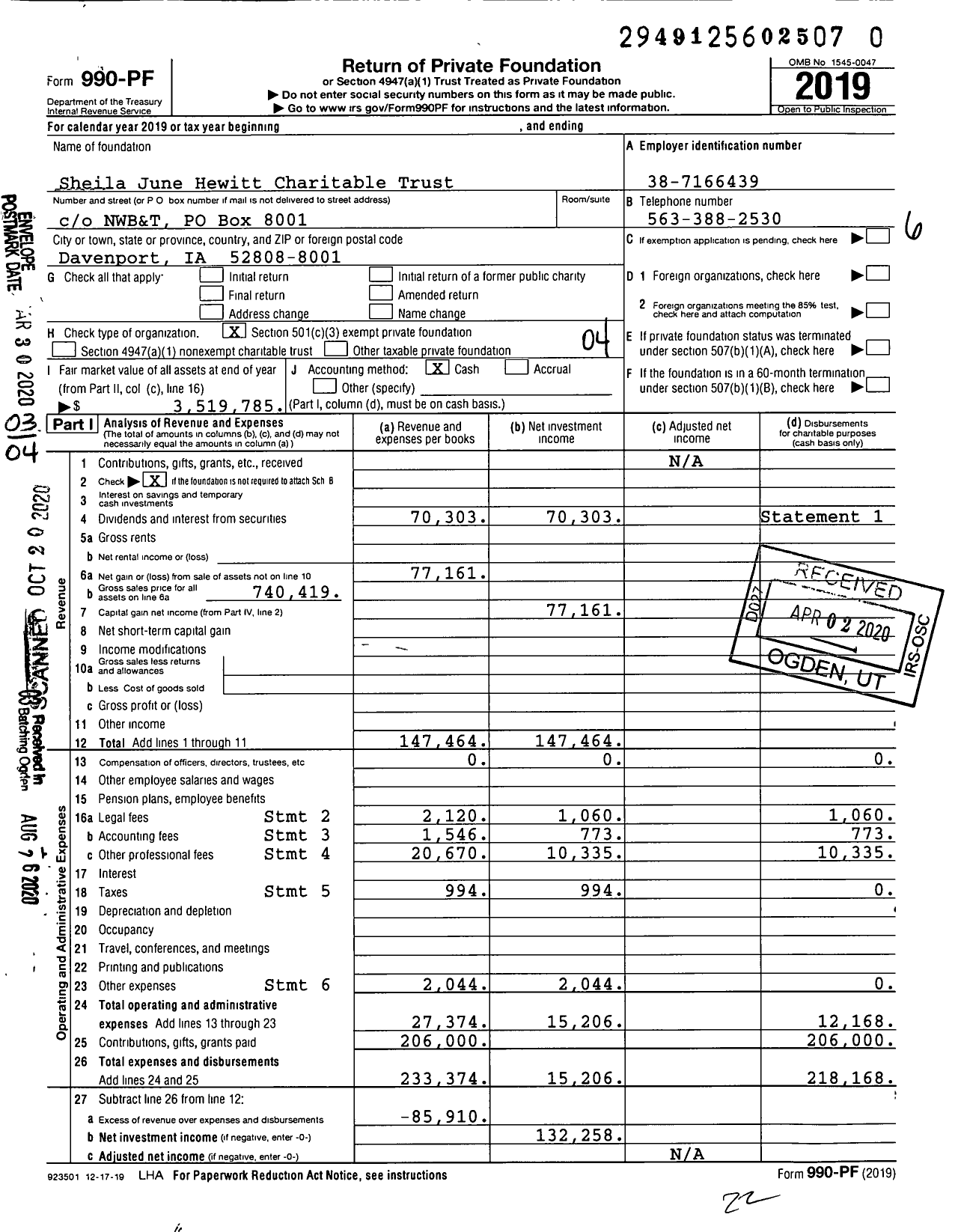 Image of first page of 2019 Form 990PR for Sheila June Hewitt Charitable Trust