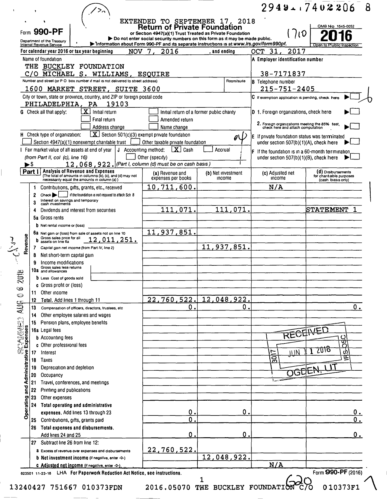 Image of first page of 2016 Form 990PF for The Buckley Foundation / Walter Buckley JR Et Al Ttee