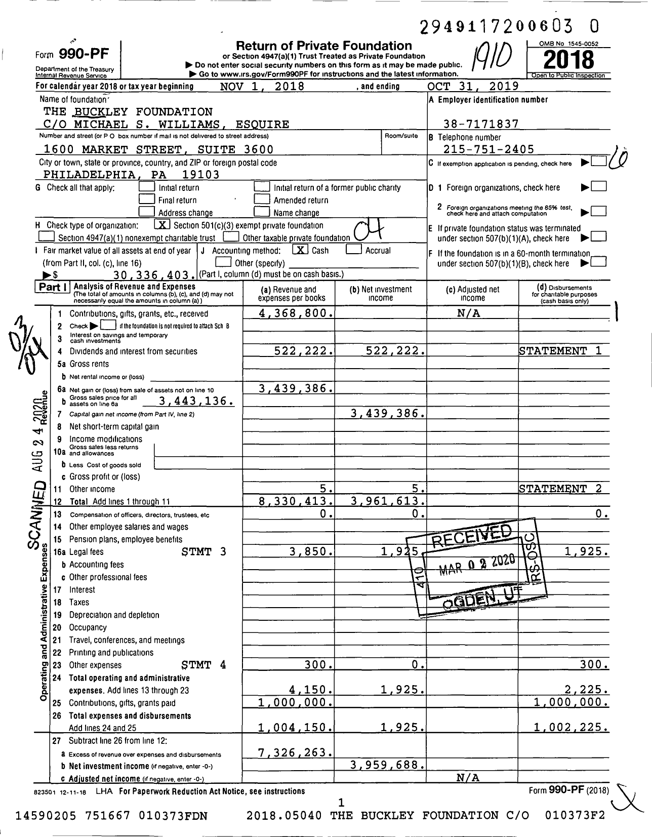 Image of first page of 2018 Form 990PR for The Buckley Foundation / Walter Buckley JR Et Al Ttee