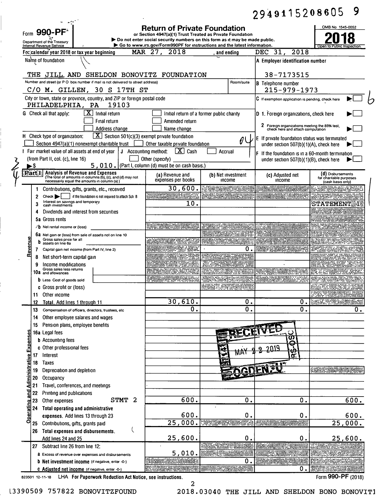 Image of first page of 2018 Form 990PF for The Jill and Sheldon Bonovitz Foundation