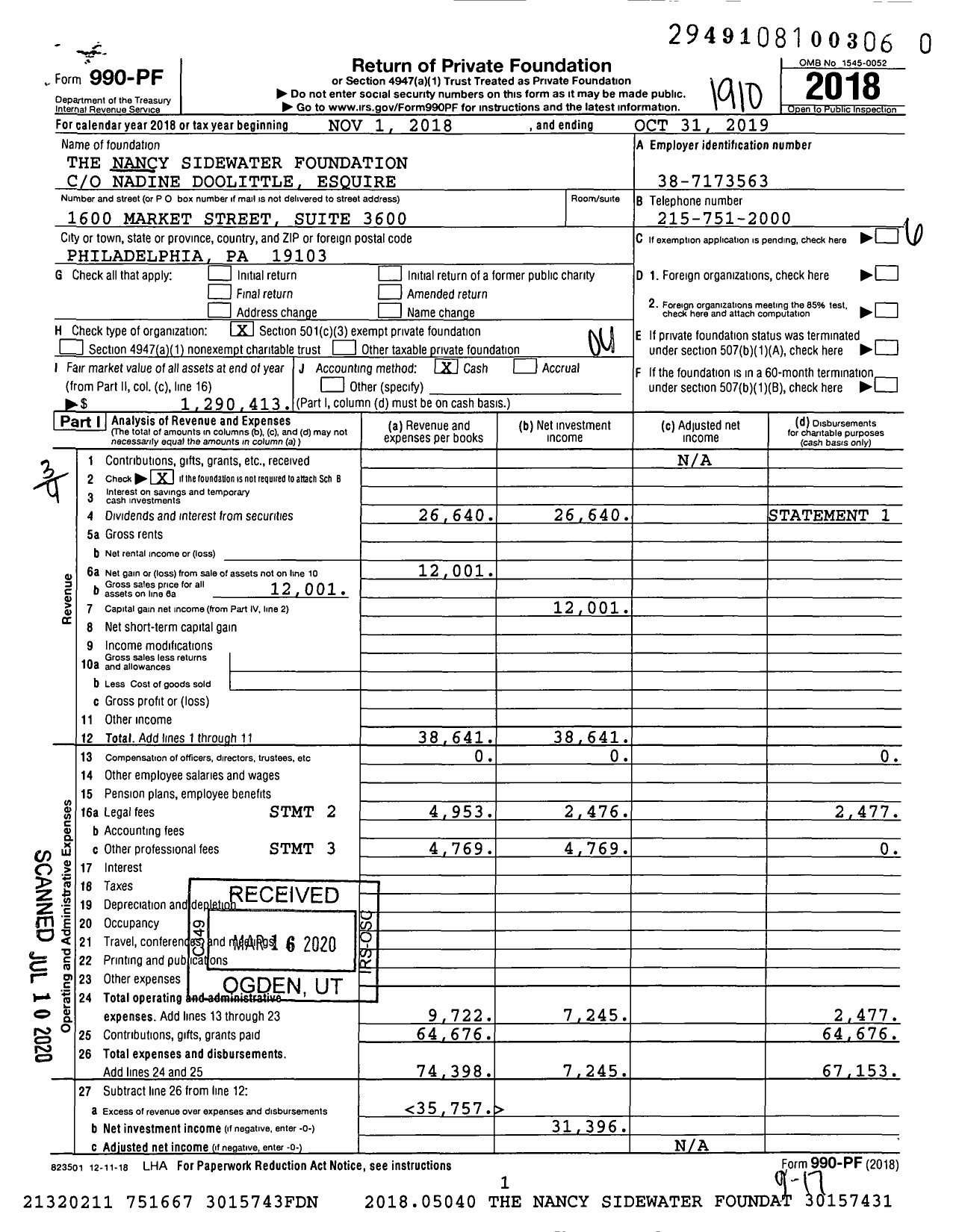 Image of first page of 2018 Form 990PR for The Nancy Sidewater Foundation