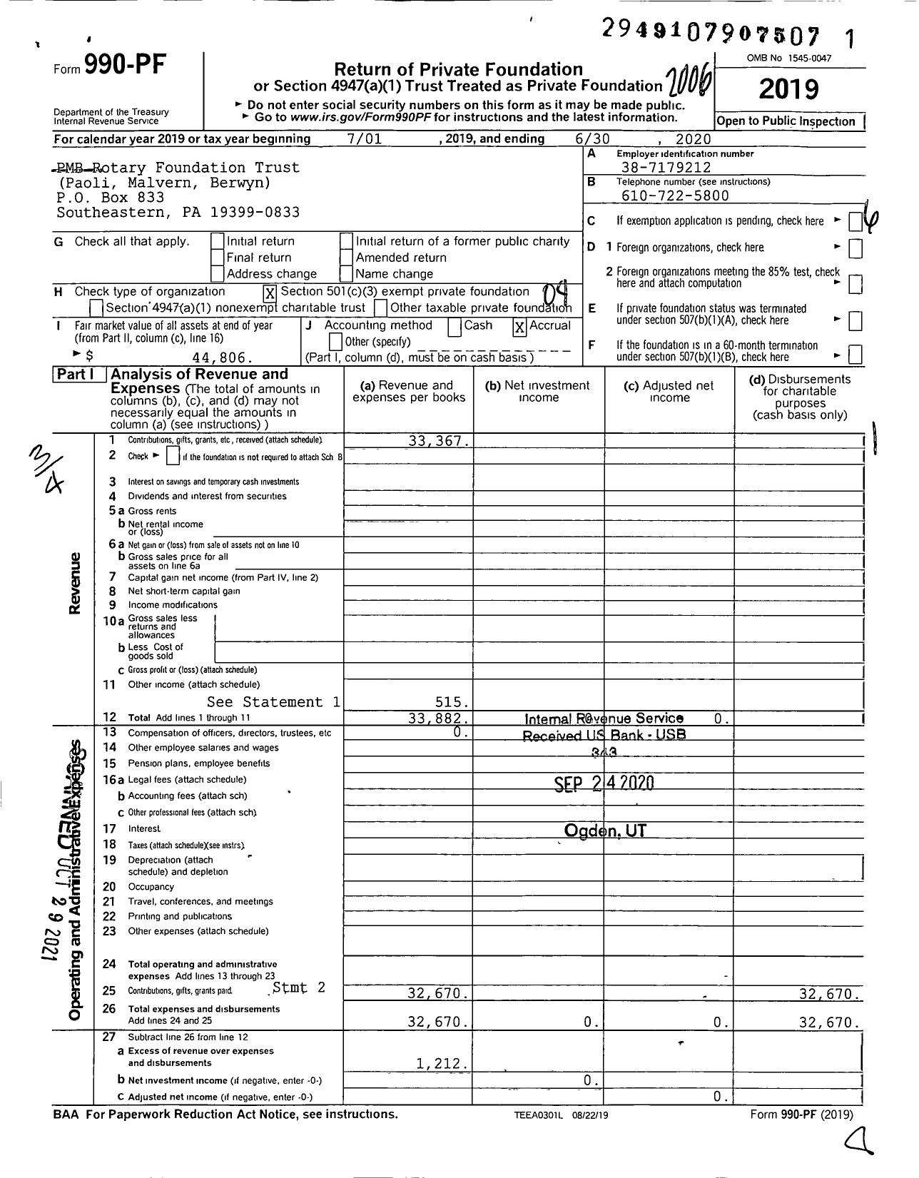 Image of first page of 2019 Form 990PF for PMB Rotary Foundation Trust Paoli Malvern Berwyn