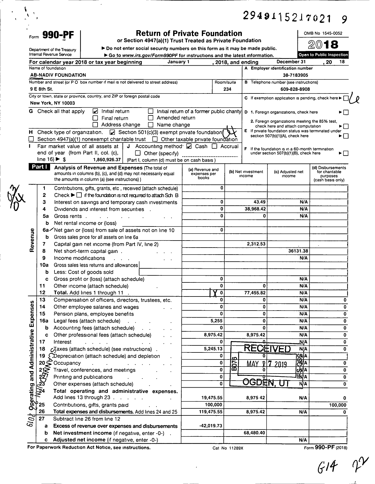 Image of first page of 2018 Form 990PF for Ab-Nadiv Foundation