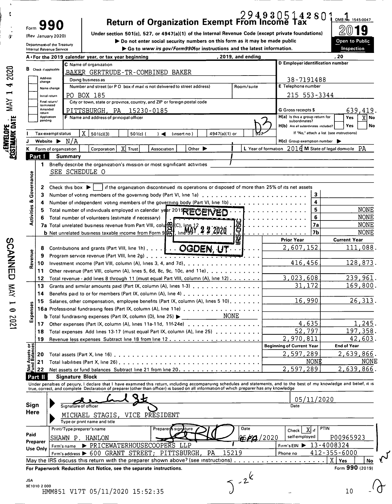 Image of first page of 2019 Form 990 for Baker Gertrude-Tr-Combined Baker