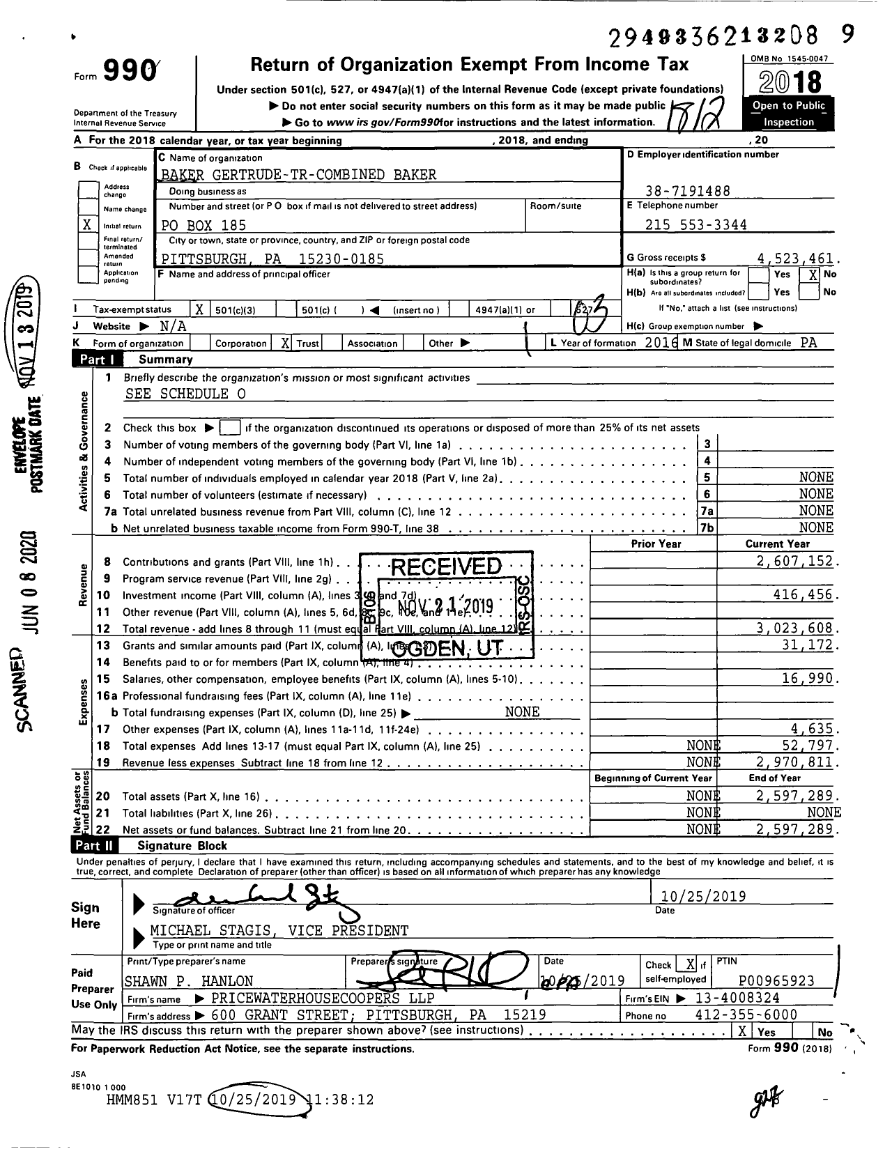 Image of first page of 2018 Form 990 for Baker Gertrude-Tr-Combined Baker