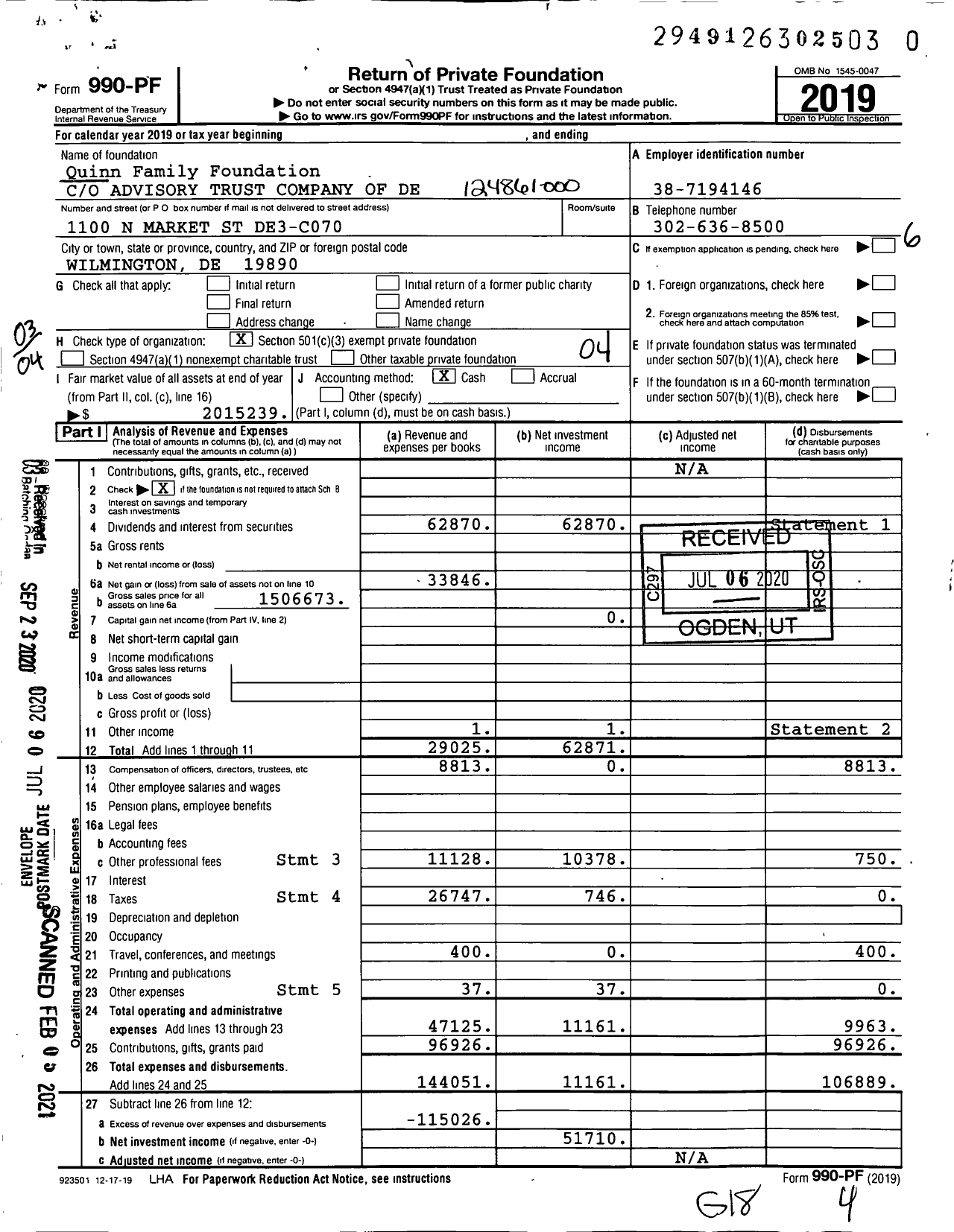 Image of first page of 2019 Form 990PF for Quinn Family Foundation Trust