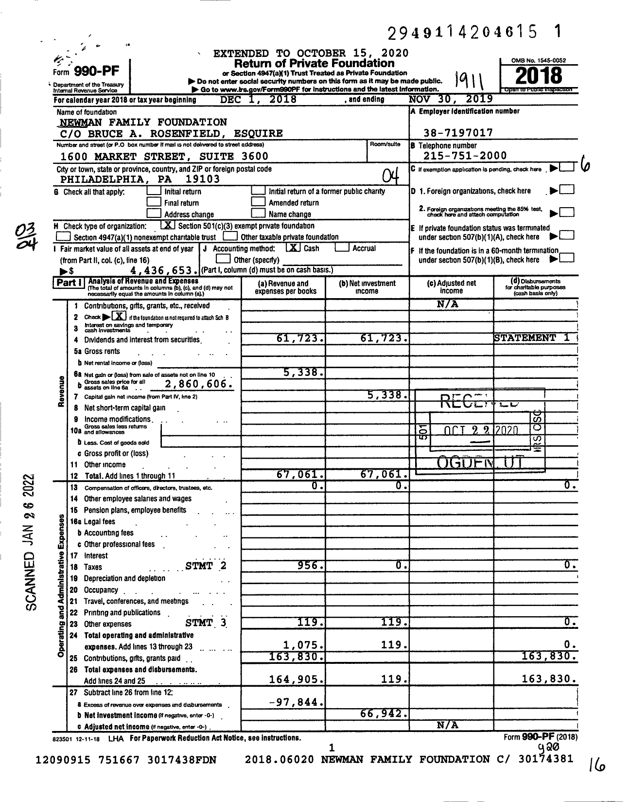 Image of first page of 2018 Form 990PF for Newman Family Foundation / Jay Hartley Newman Et Al Ttee