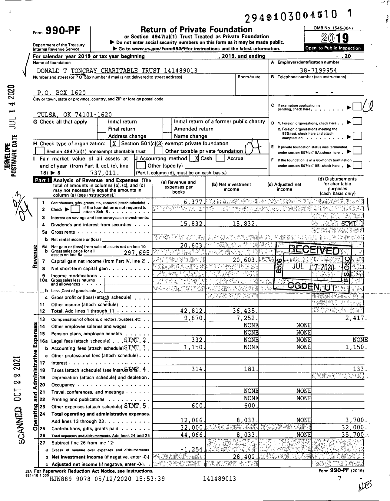 Image of first page of 2019 Form 990PF for Donald T Toncray Charitable Trust XXX-XX-XXXX